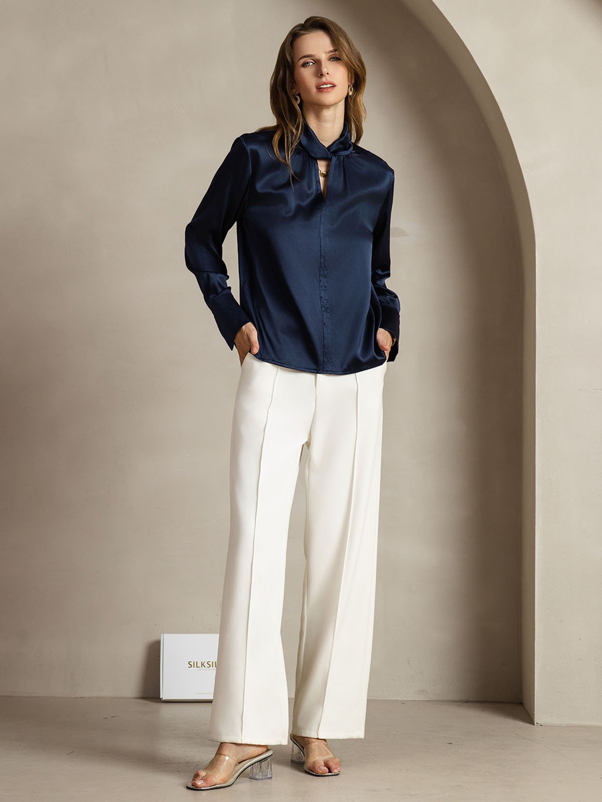 19Momme Silk Keyhole Neck Blouse with Pearl Buttons