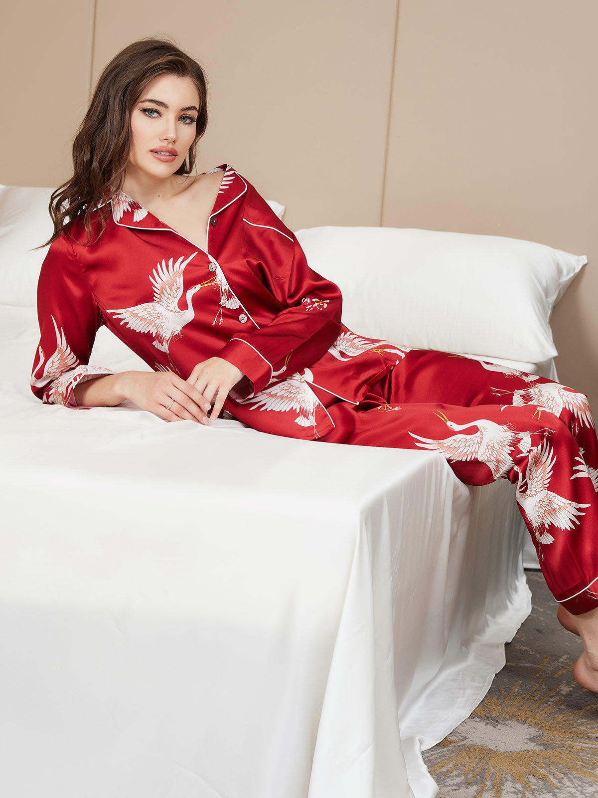 19Momme Pure Silk Crane Print Women's Long Sleeve Notch Collar Pyjamas Set
