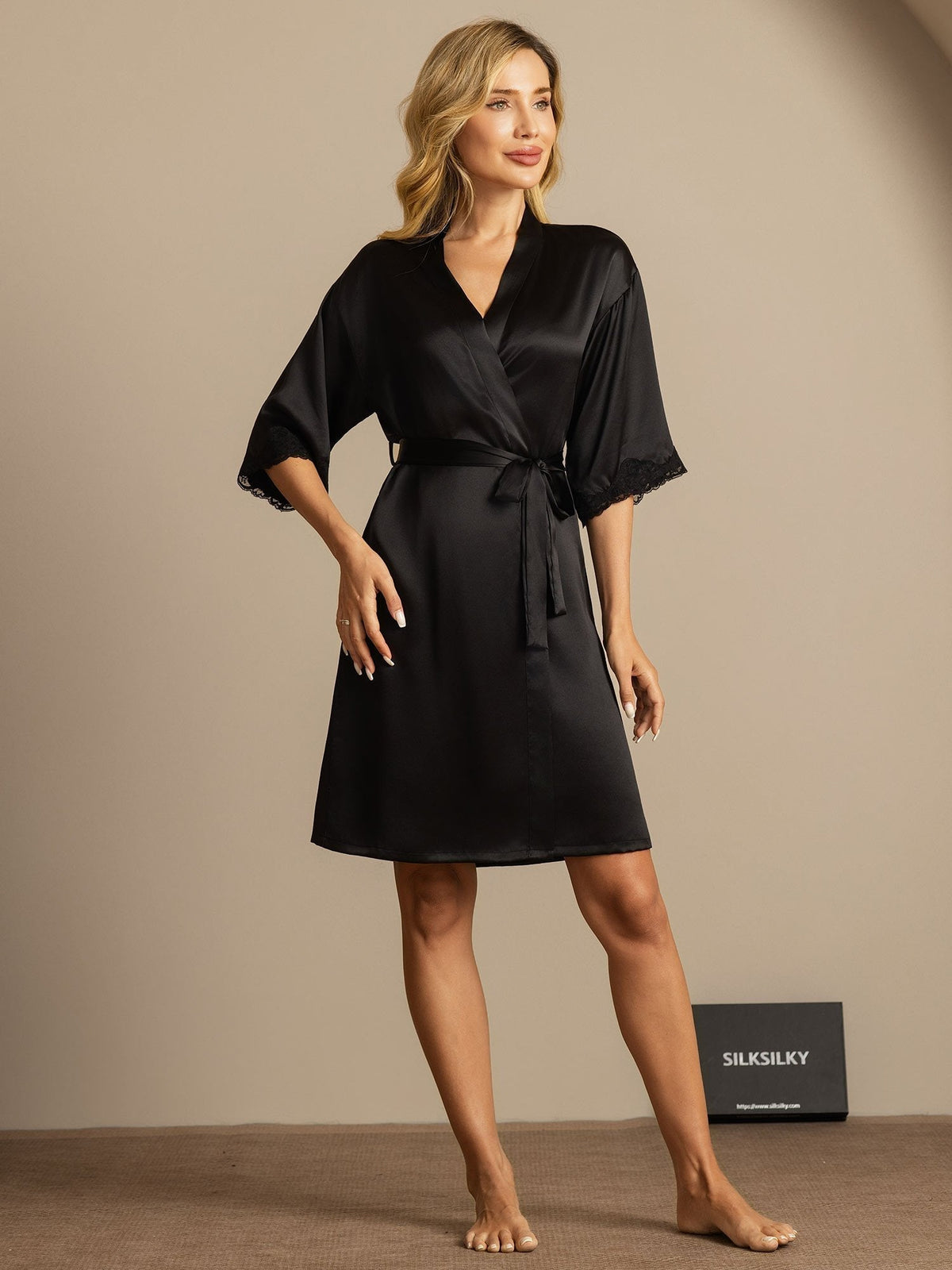Pure Silk Basic Women's Robe with Lace Design