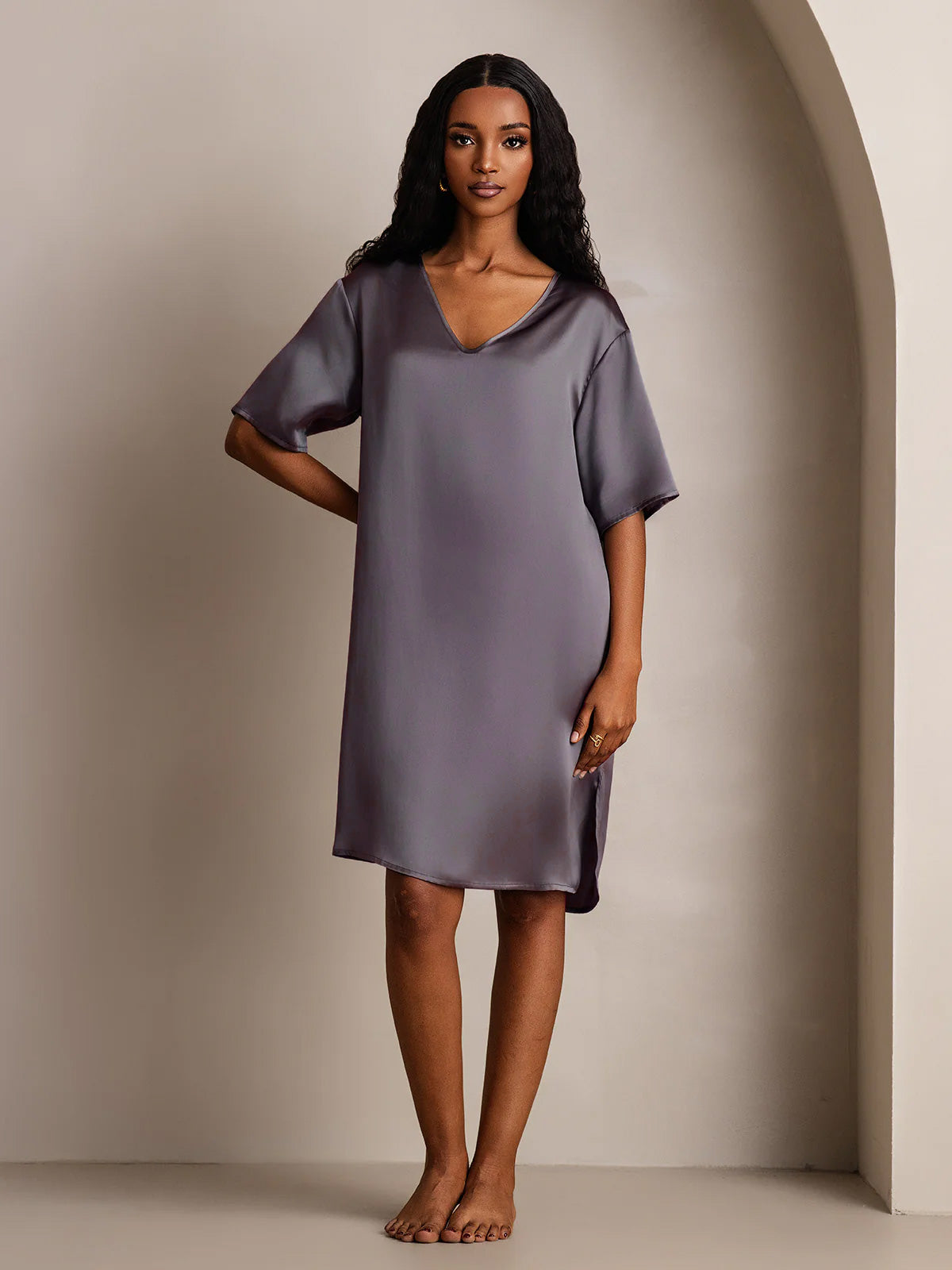 Pure Silk Half Sleeve V-neck Short Nightdress with Split Design