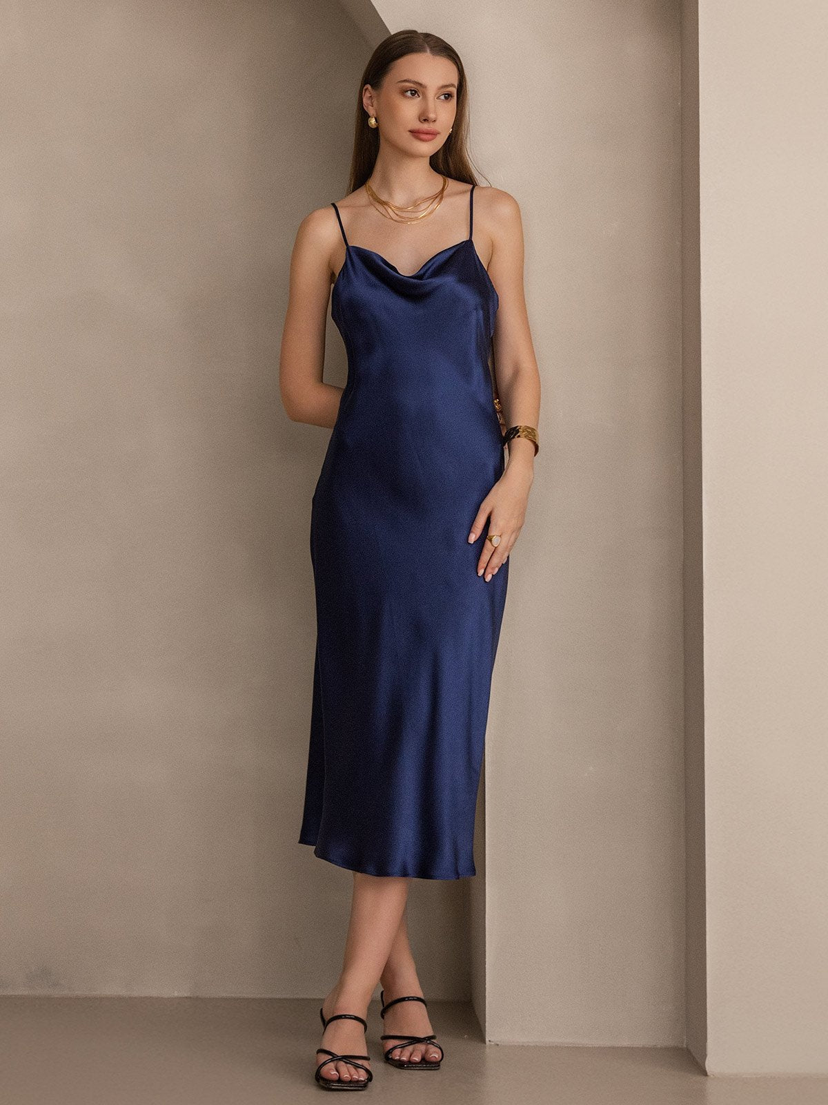 Pure Silk Cowl Neck Midi Dress