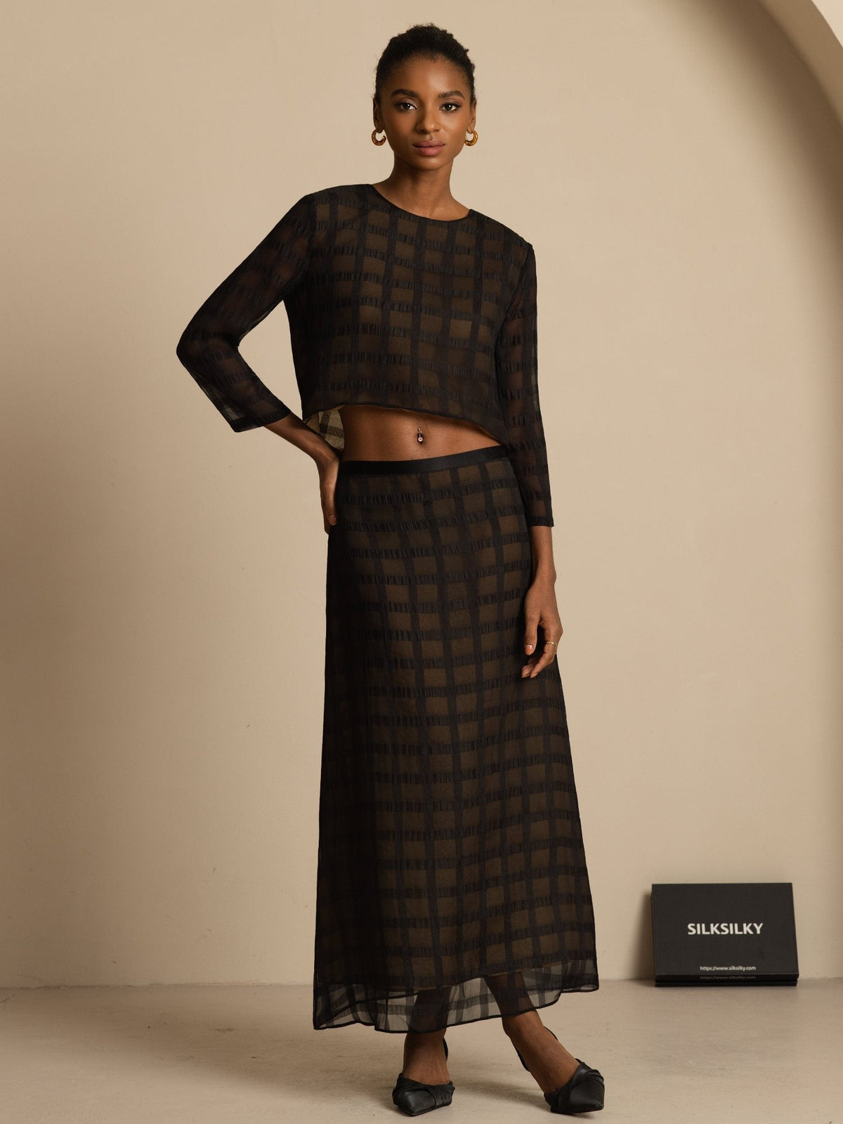 Pure Silk Women's Long Sleeve Textured Grid Crop Blouse with Back Ties