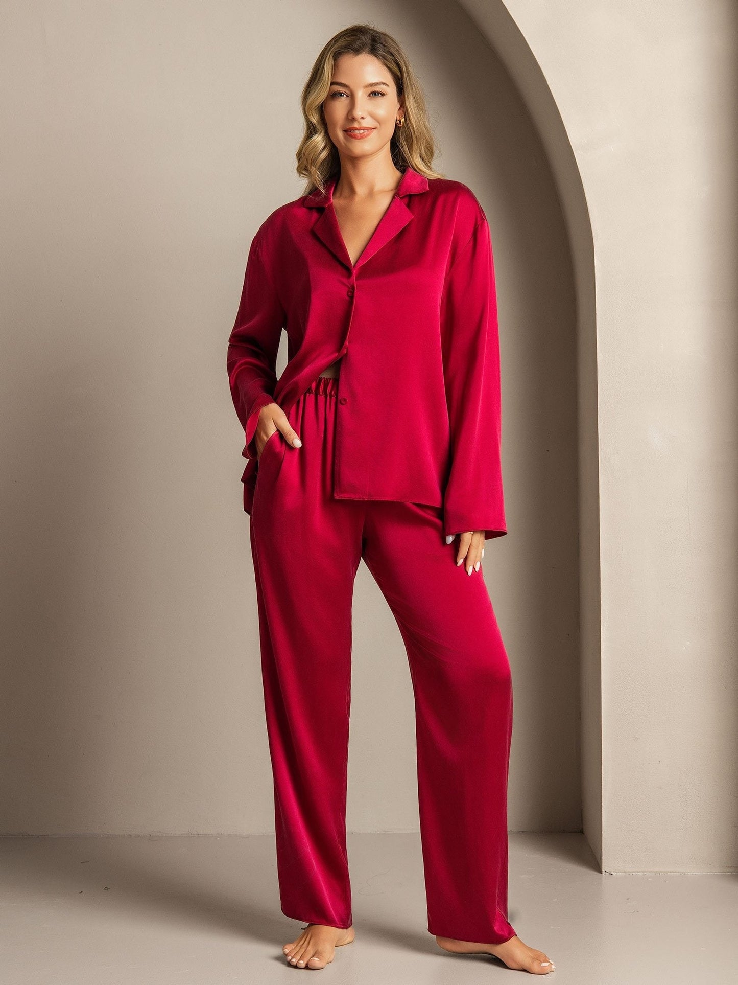 19Momme Washable Silk Long Sleeve Notch Collar Women's Pajamas Set