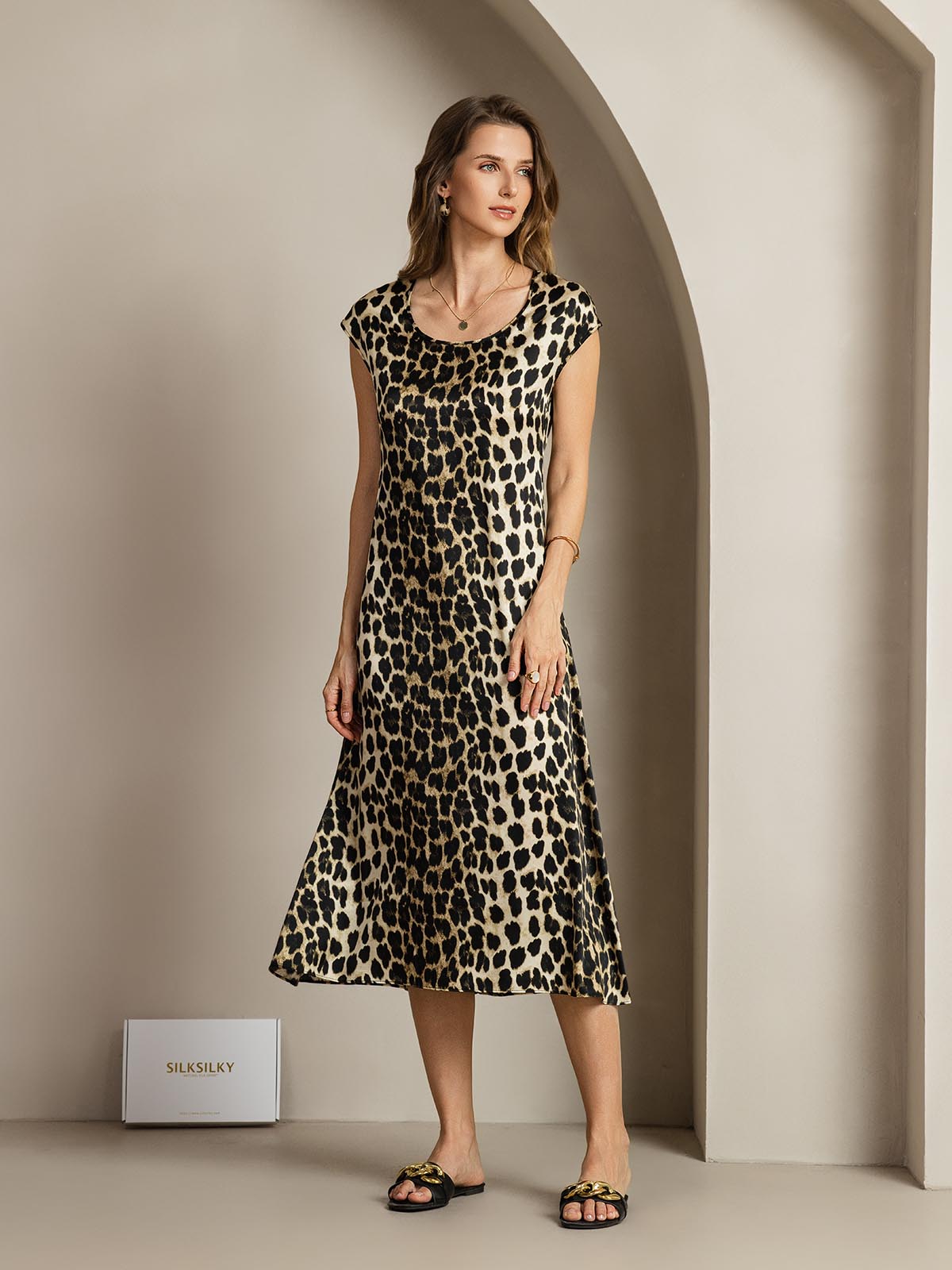 Clearance(Ships to UK Only) - 19Momme Silk Leopard Print Cap Sleeve Midi Dress