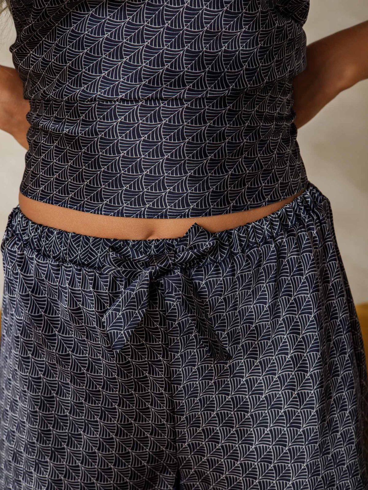 Pure Silk Navy Ginkgo Print Spaghetti Strap V Neck Camisole Set