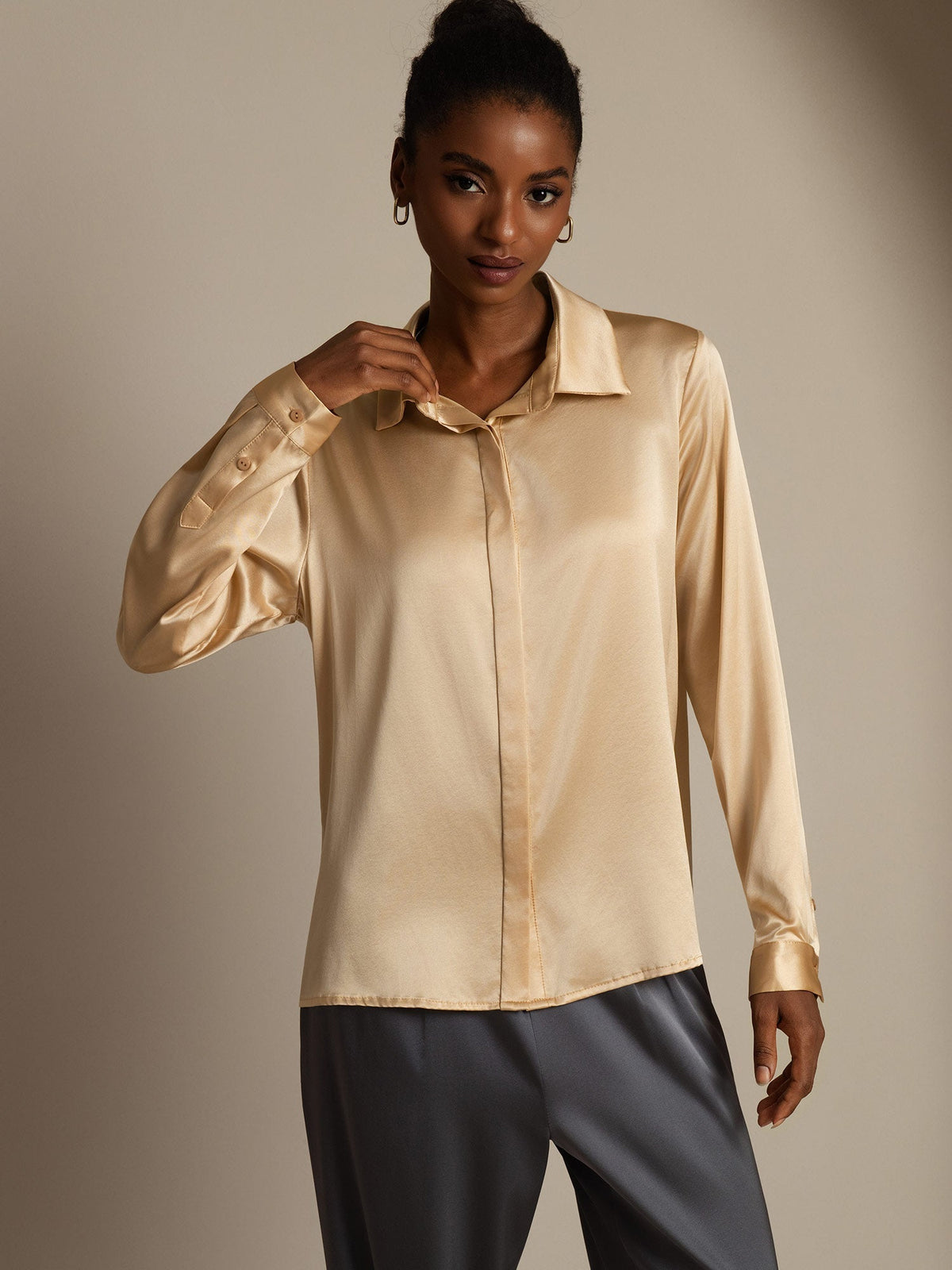 19Momme Silk Long Sleeve Lapel Collar Women's Shirt