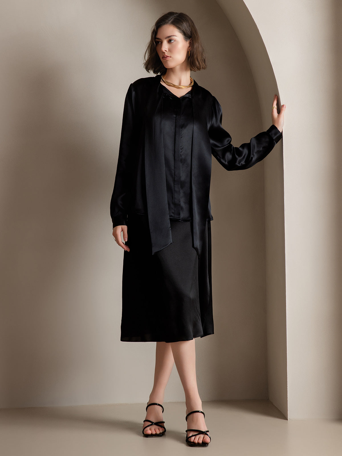 19Momme Silk Long Sleeve Tie Neck Blouse