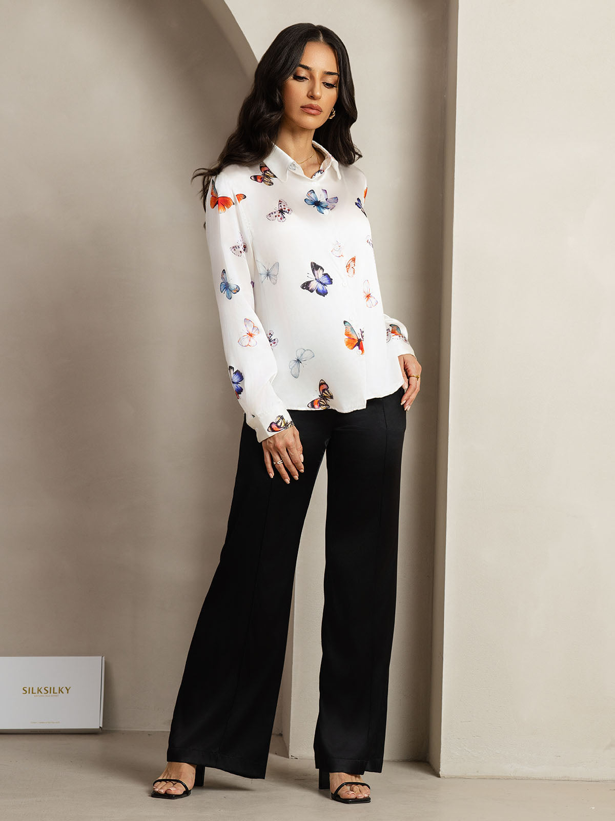 19Momme Silk Butterfly Print Long Sleeve Lapel Collar Women's Shirt