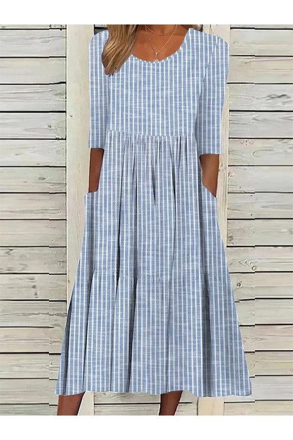 AMANDA | ELEGANT STRIPED TUMMY-COVERAGE MIDI DRESS