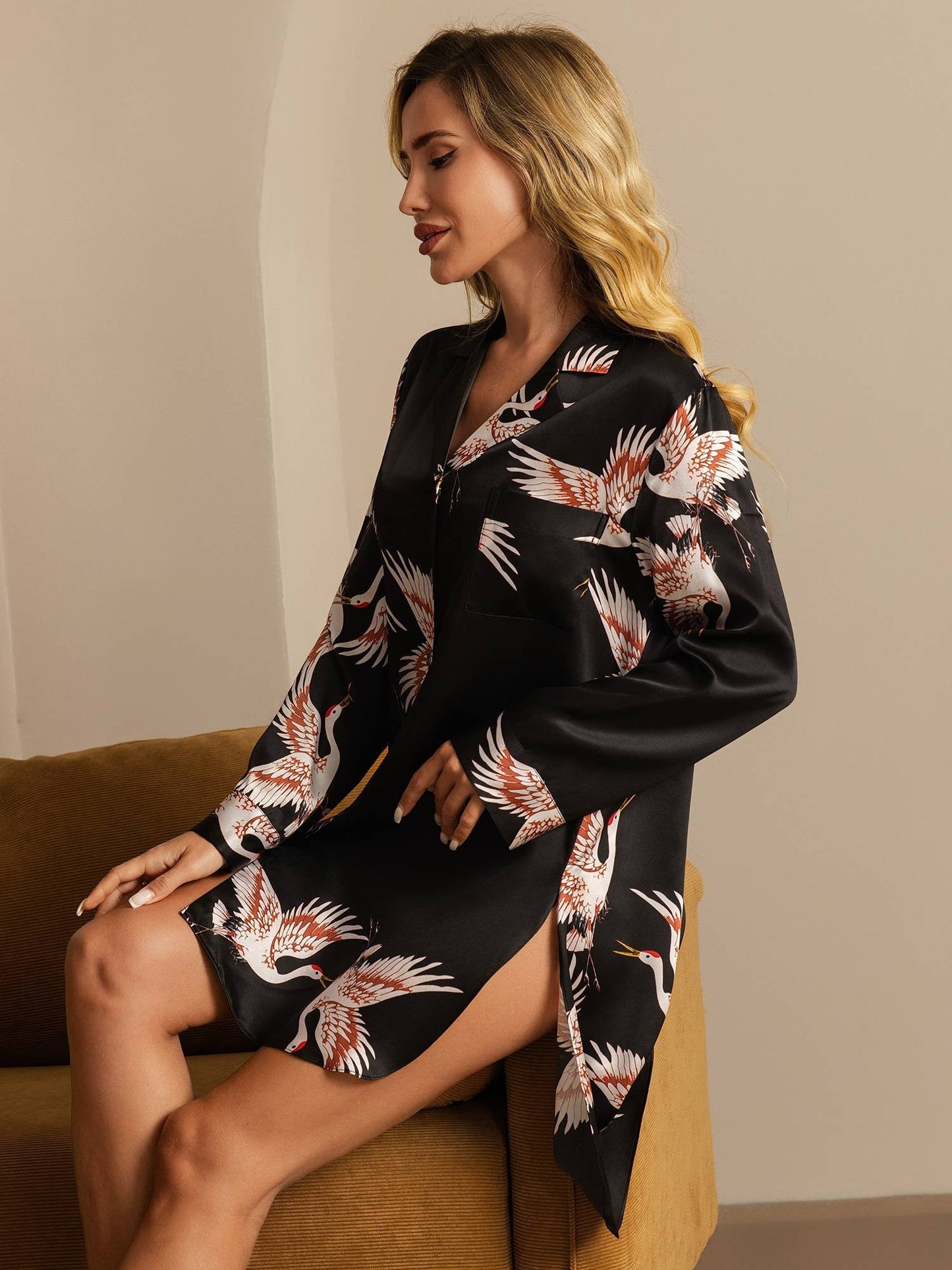 19Momme Pure Silk Crane Print Nightshirt with High-Low Hem