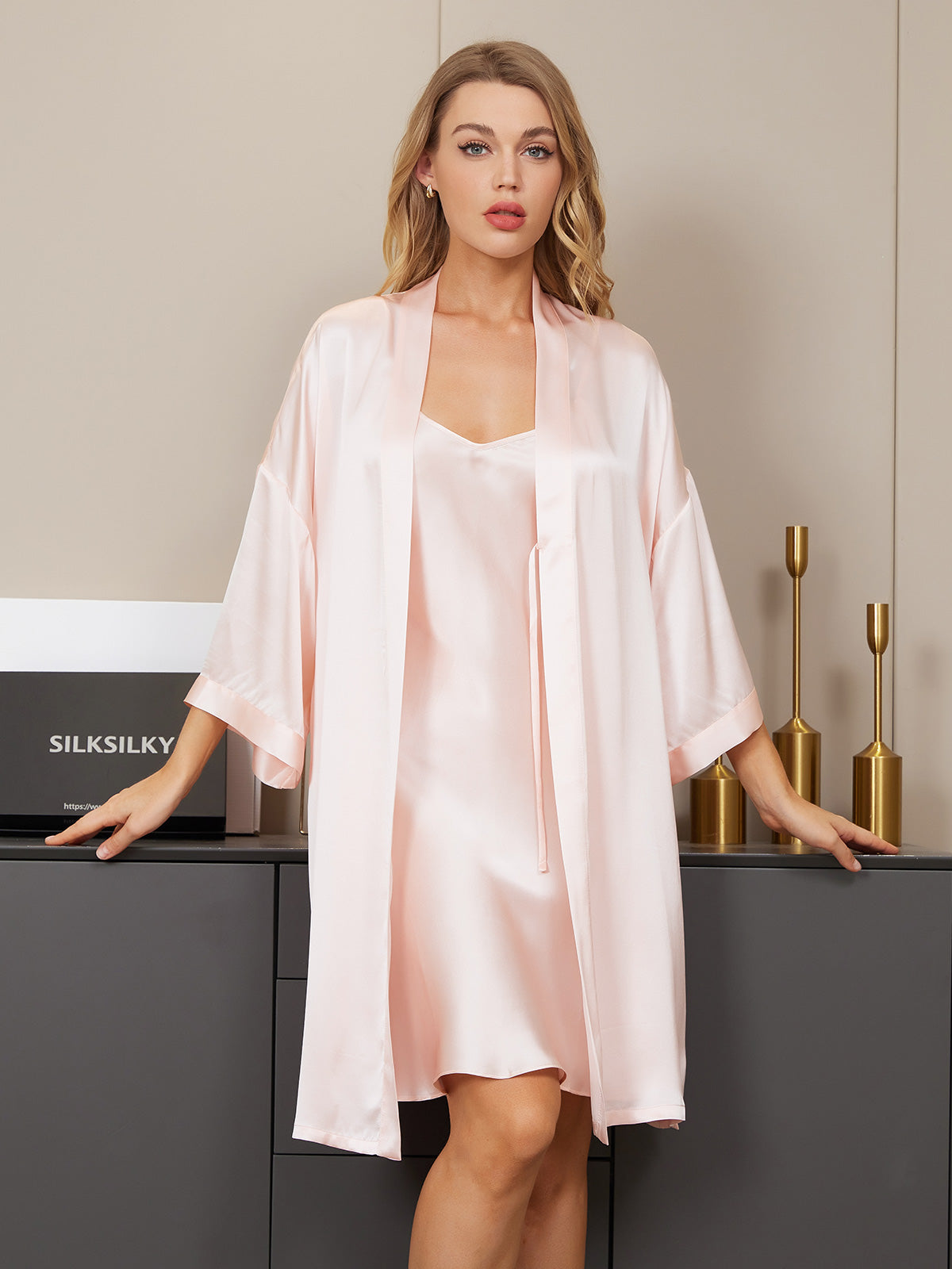 Pure Silk Kimono Dressing Gown & V‑Neck Nightdress Set