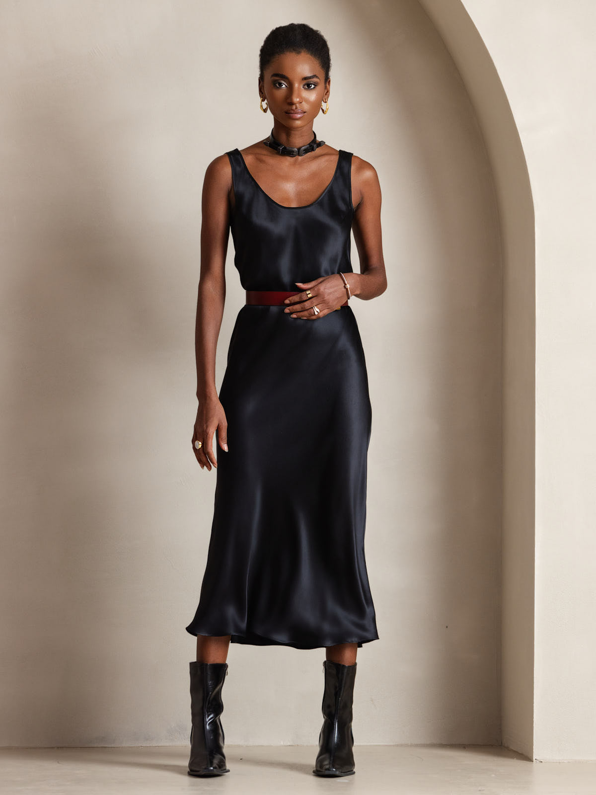 Pure Silk Sleeveless U Neck Midi Dress