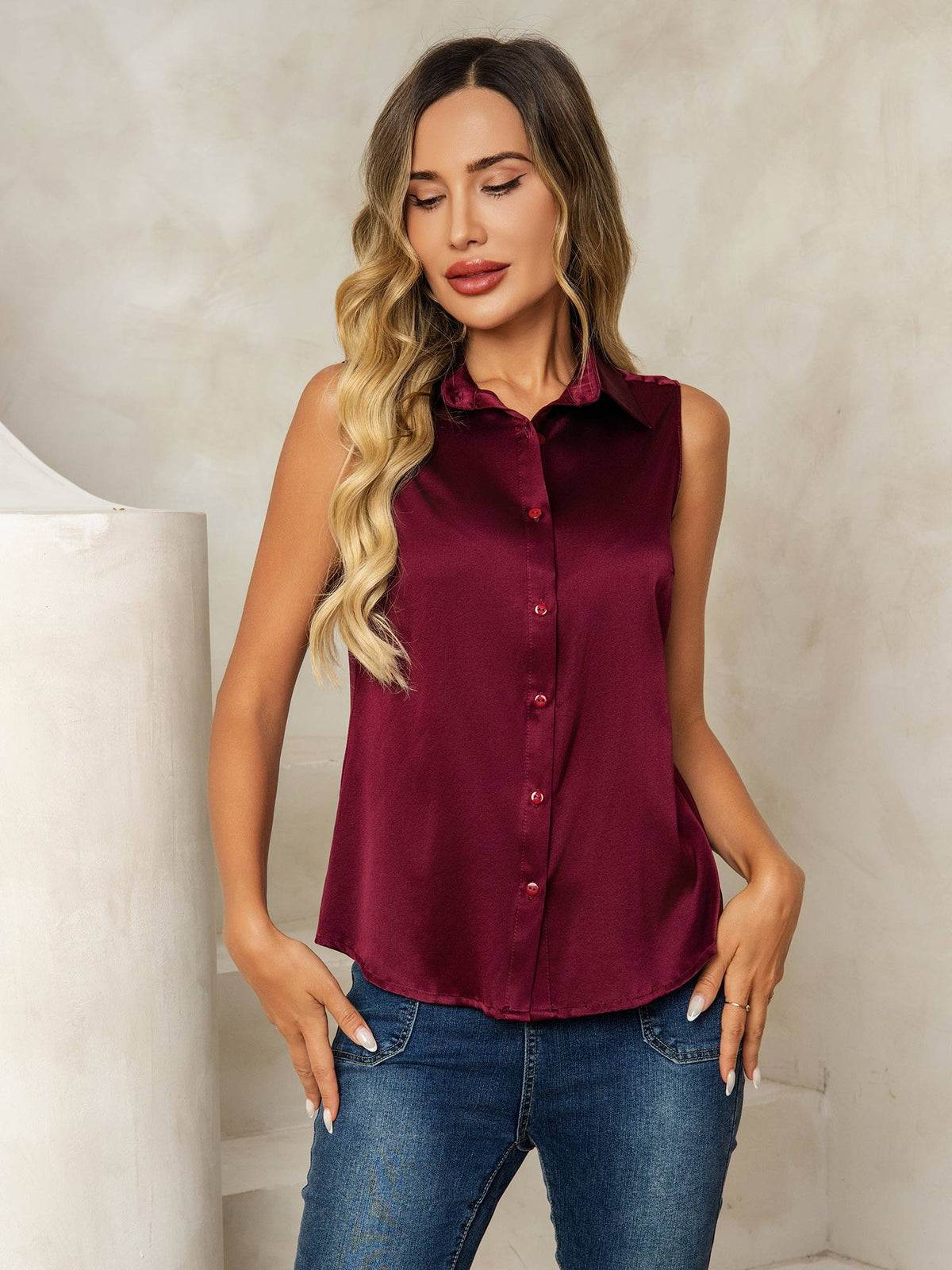 19Momme Silk Sleeveless Lapel Collar Women's Shirt with Button Up Design