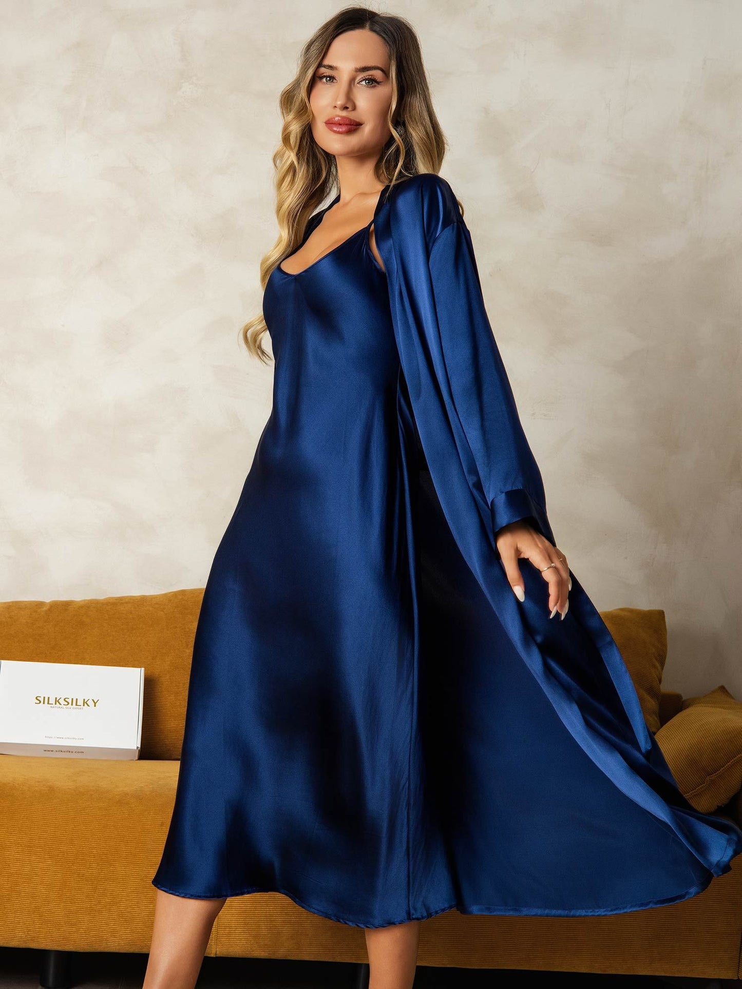 Pure Silk V-Neck Midi Nightdress & Dressing Gown Set 2Pcs