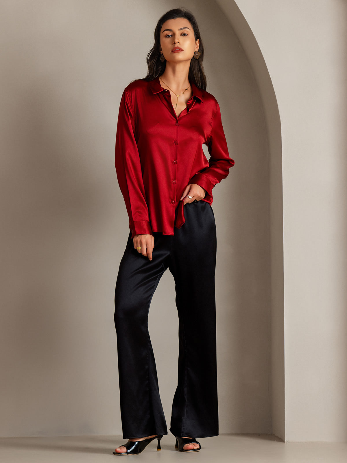 19Momme Silk Long Sleeve Lapel Collar Women's Shirt with Button Up Design