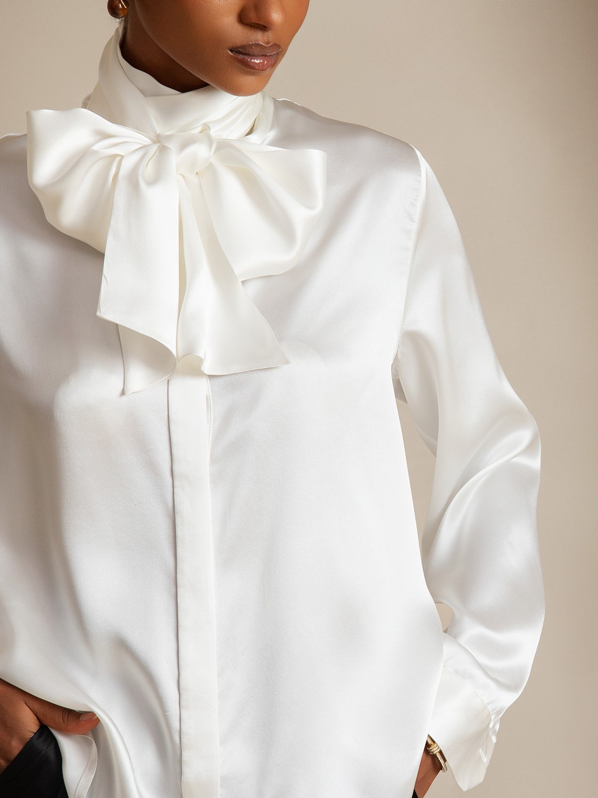 19Momme Silk Long Sleeve High Neck Bow Tie Blouse