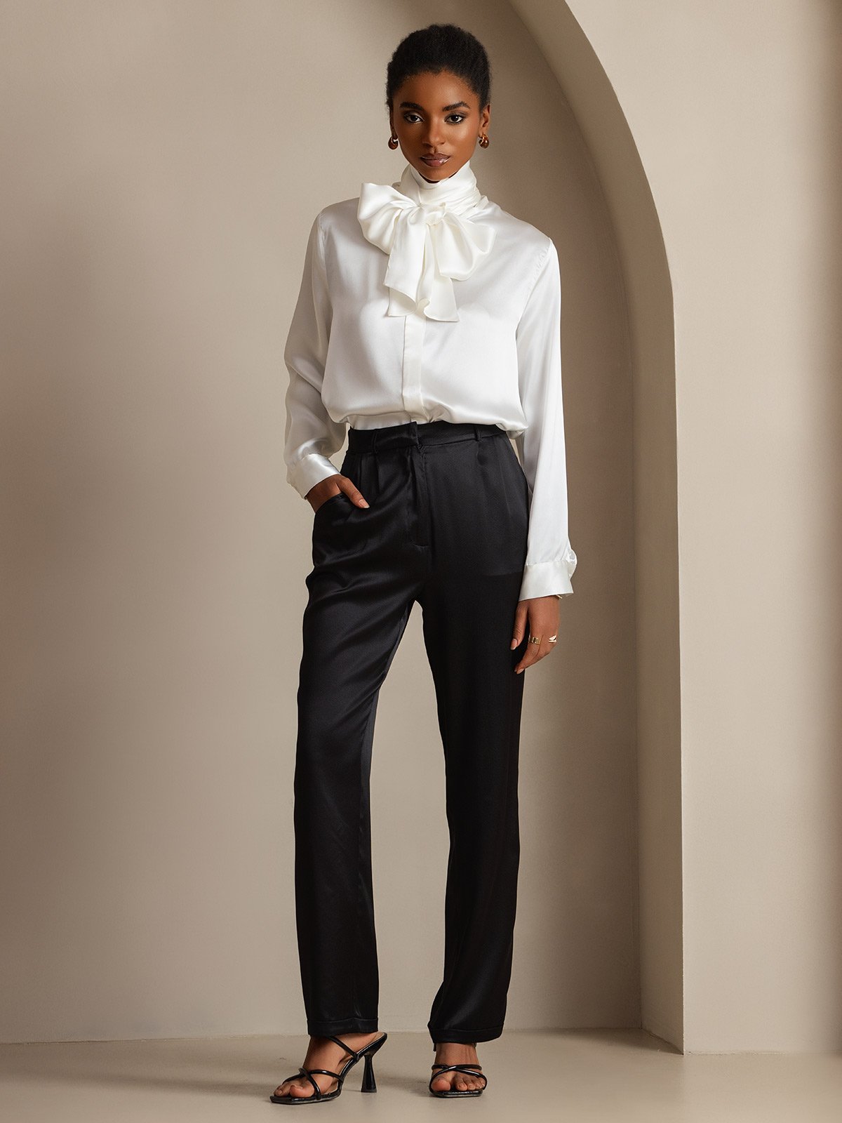 19Momme Silk Long Sleeve High Neck Bow Tie Blouse