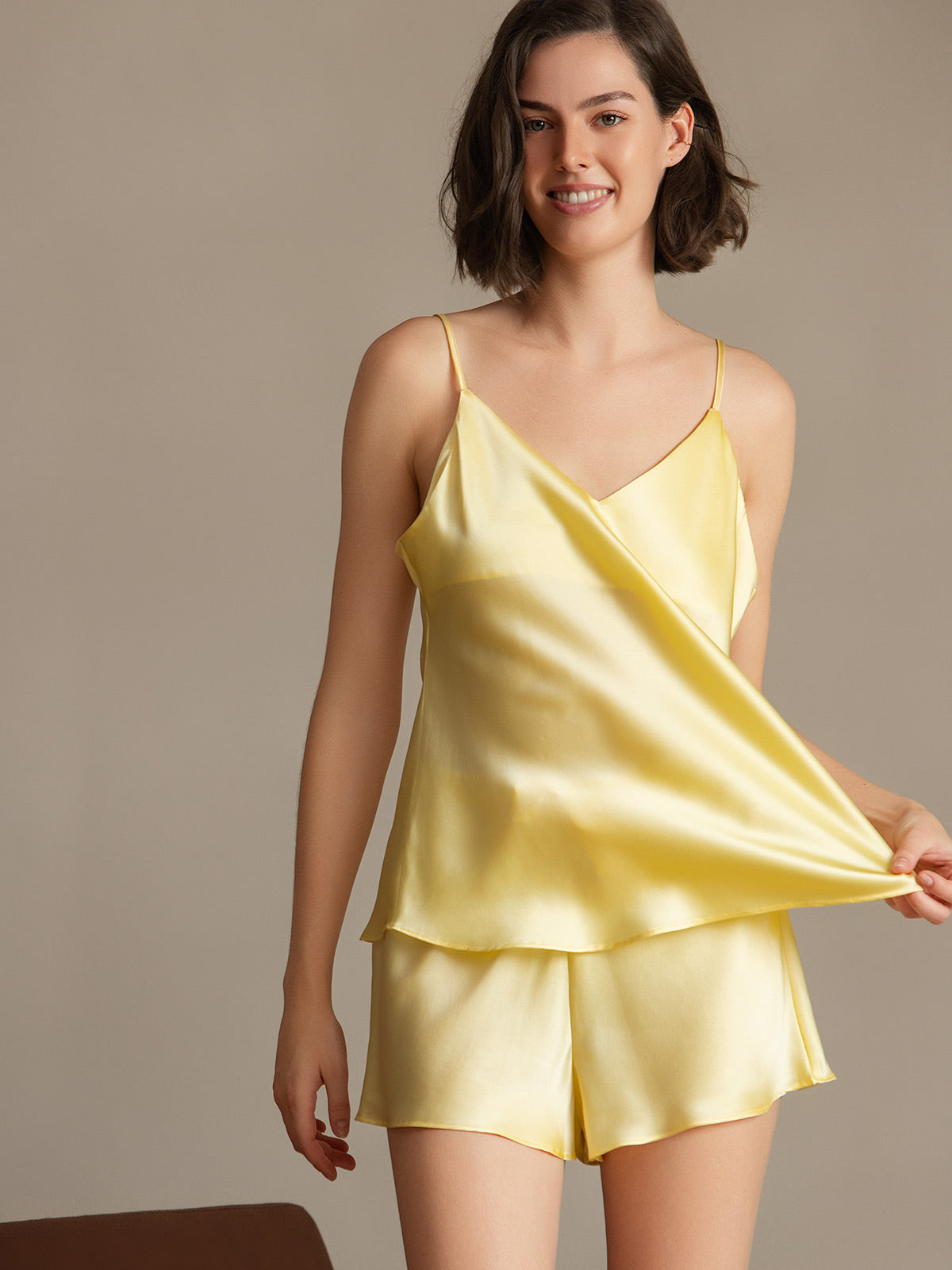 Pure Silk Spaghetti Strap V Neck Above the Knee Camisole Set