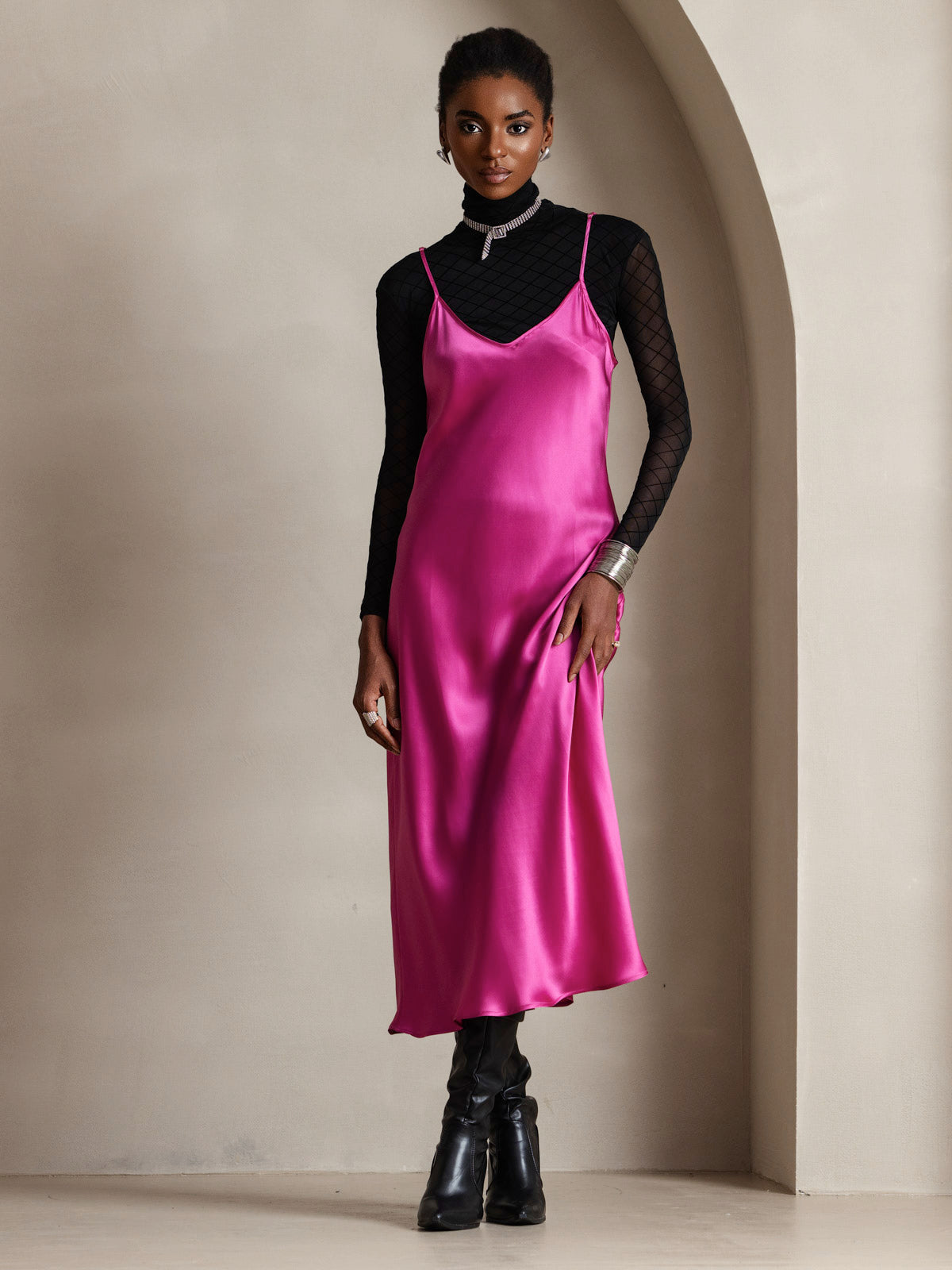 Pure Silk Spaghetti Strap Midi Dress