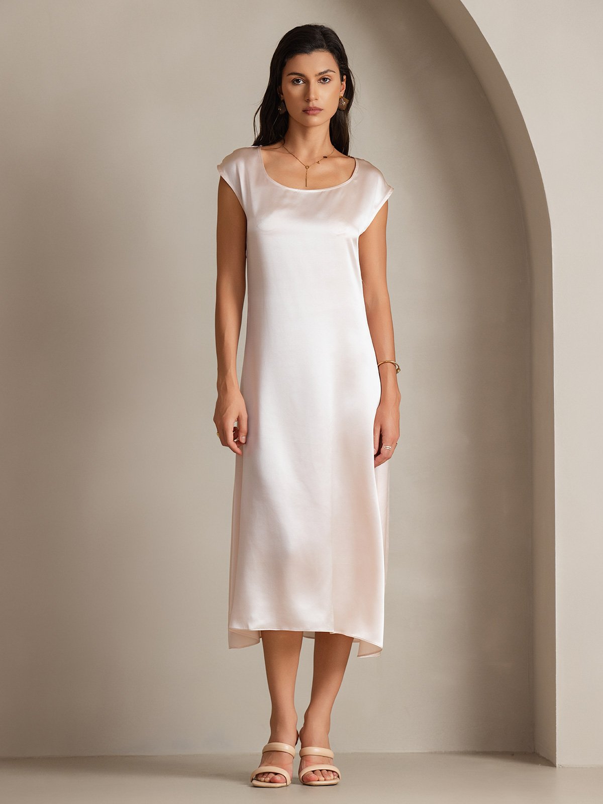 19Momme Silk Cap Sleeve Round Neck Midi Dress