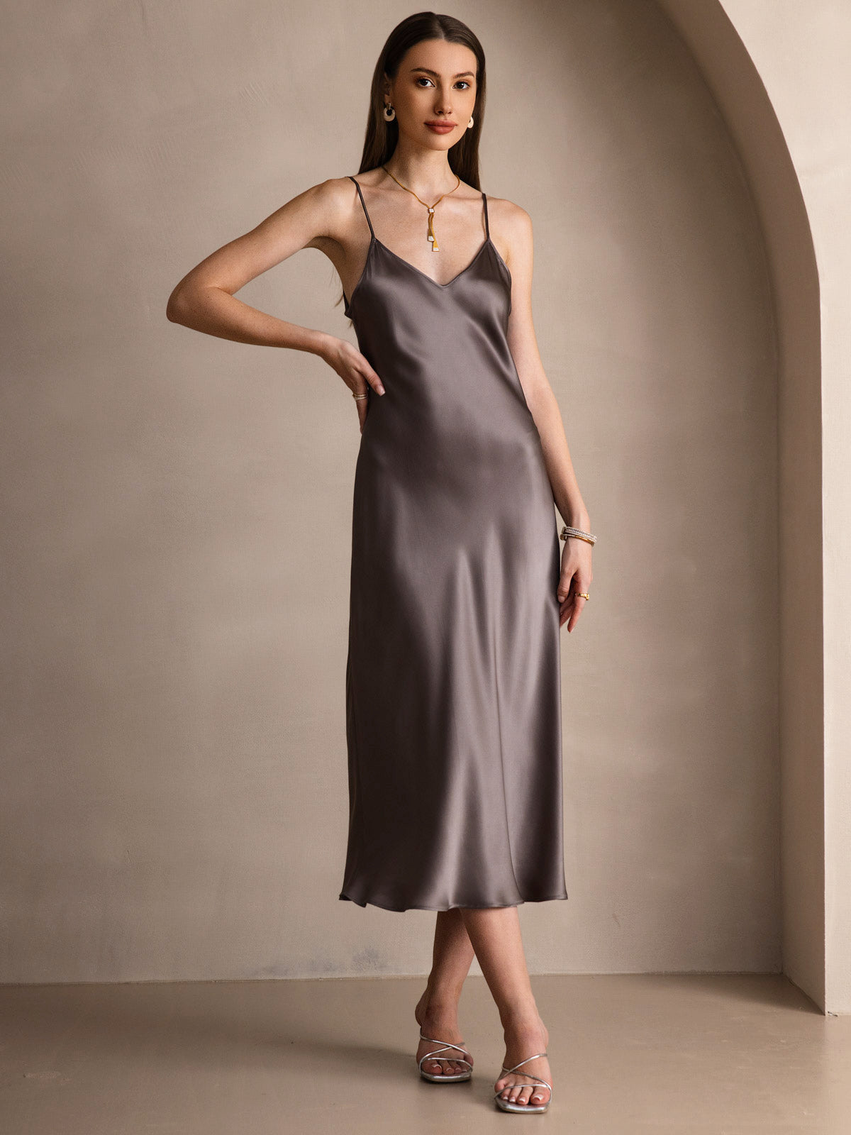Pure Silk Spaghetti Strap V Neck Midi Dress