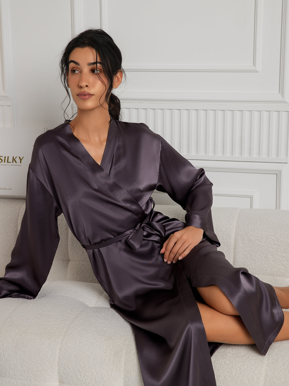 Women's Pure Silk Long Sleeve Midi Wrap Dressing Gown
