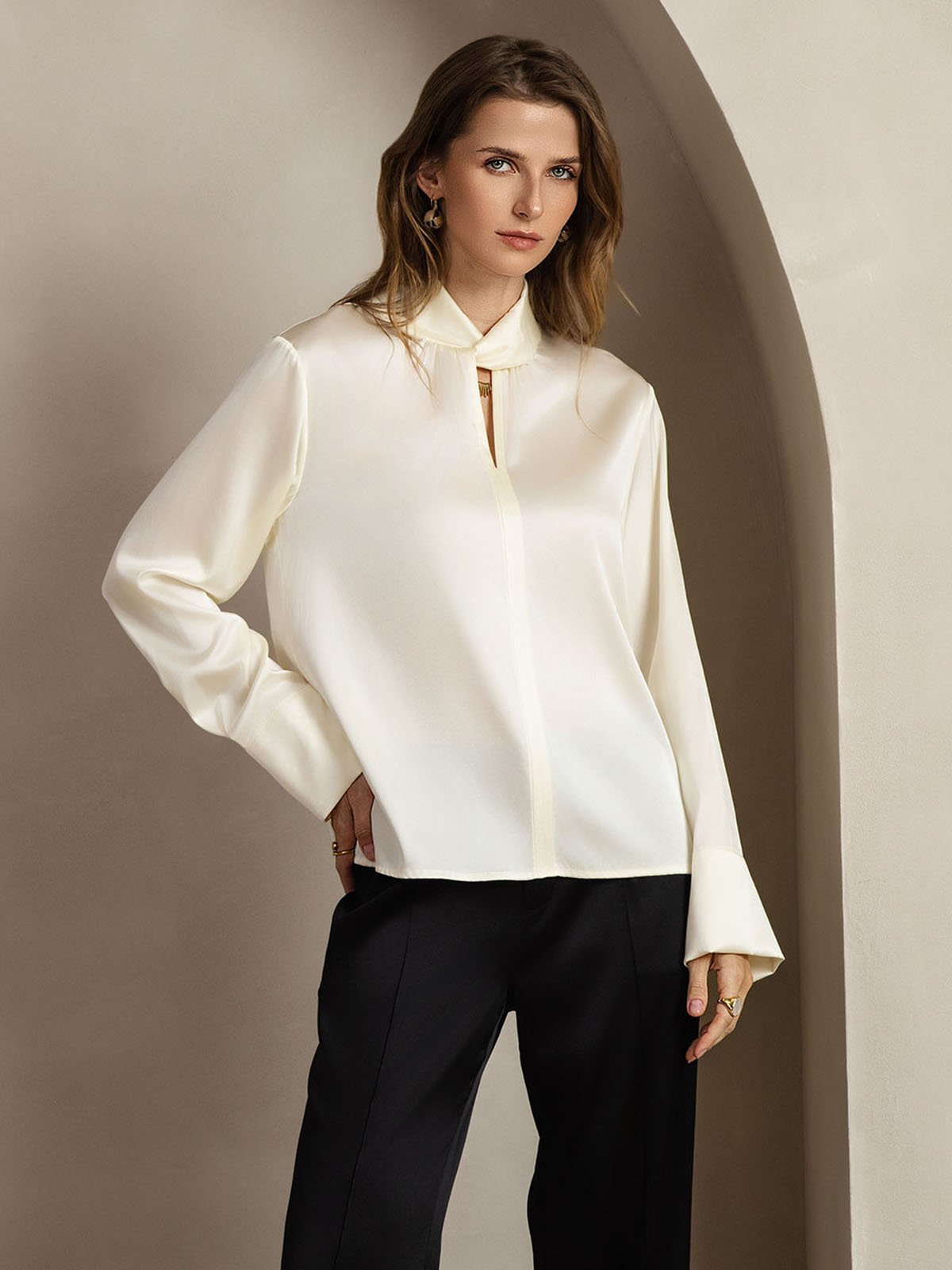 19Momme Silk Keyhole Neck Blouse with Pearl Buttons