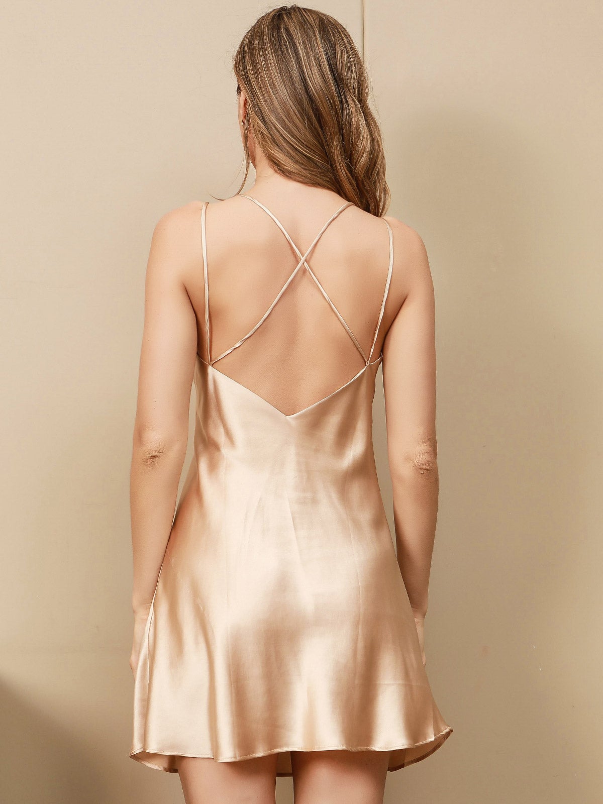 Pure Silk Spaghetti Strap V-neck Short Dress with Criss Cross Back Design