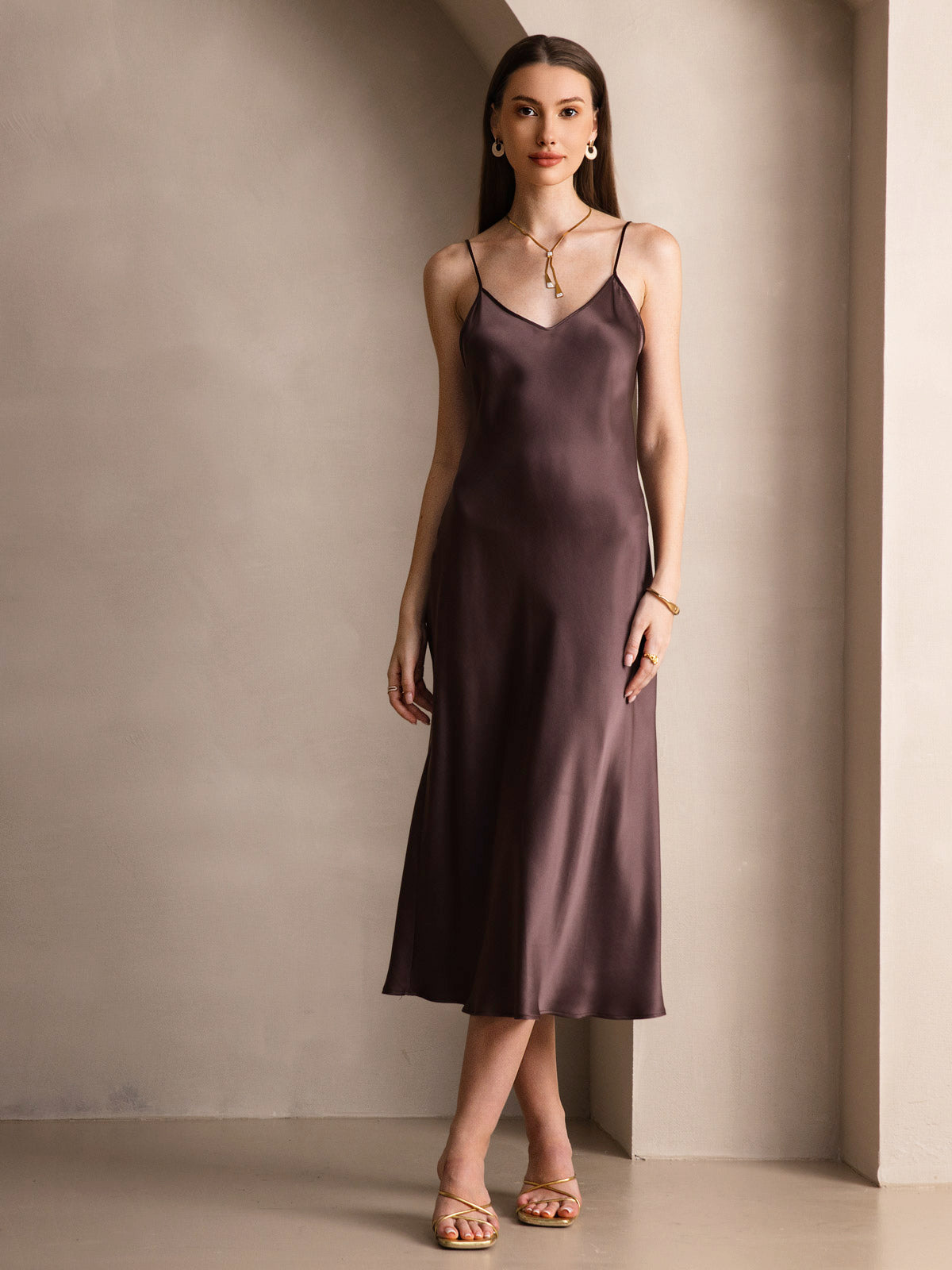 Pure Silk Spaghetti Strap Midi Dress