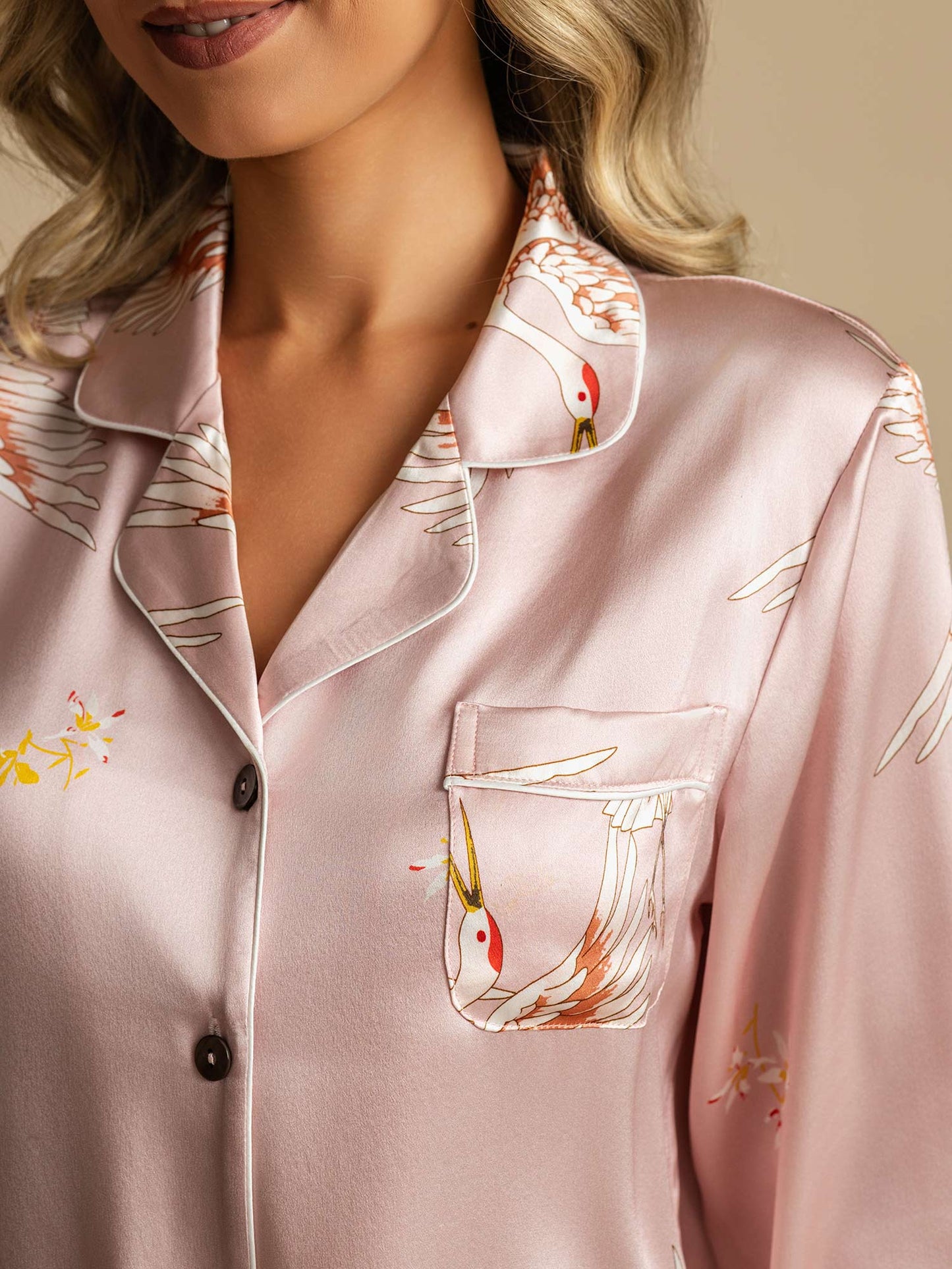 19Momme Pure Silk Crane Print Women's Long Sleeve Notch Collar Pyjamas Set
