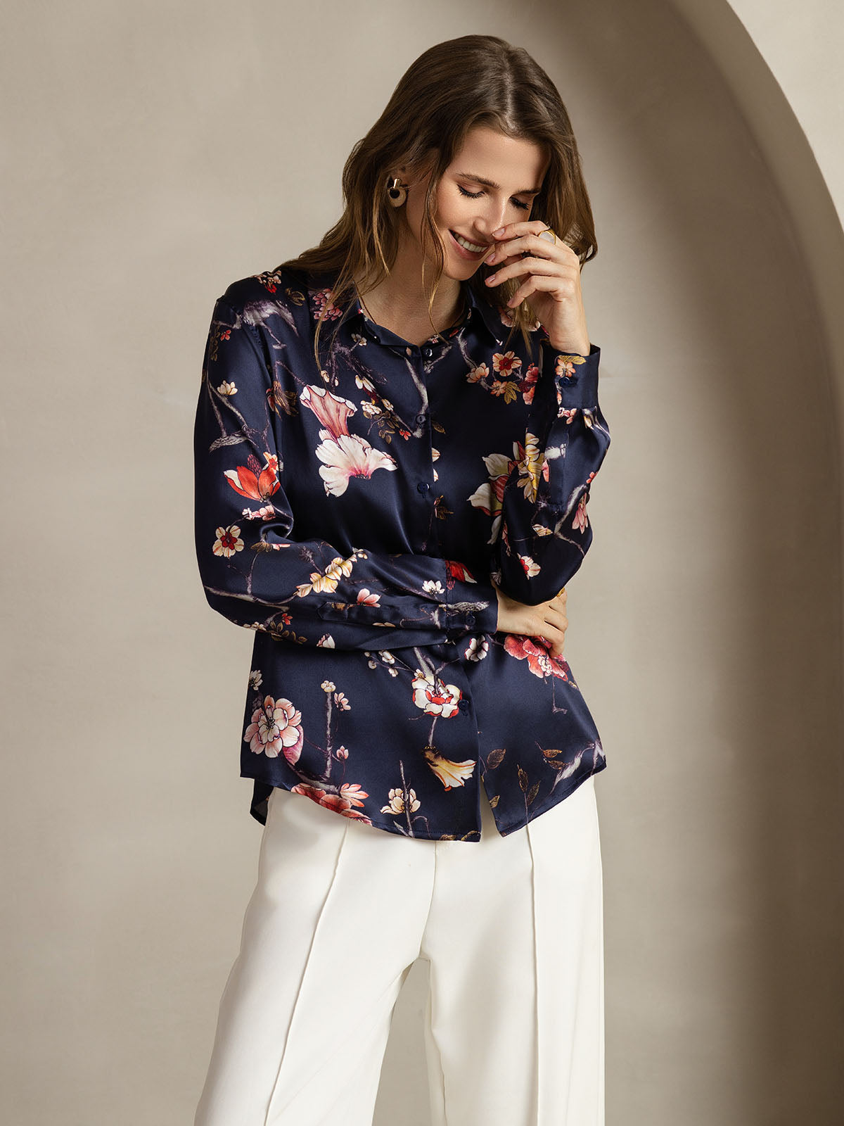 19Momme Silk Navy Floral Print Long Sleeve Lapel Collar Women's Shirt