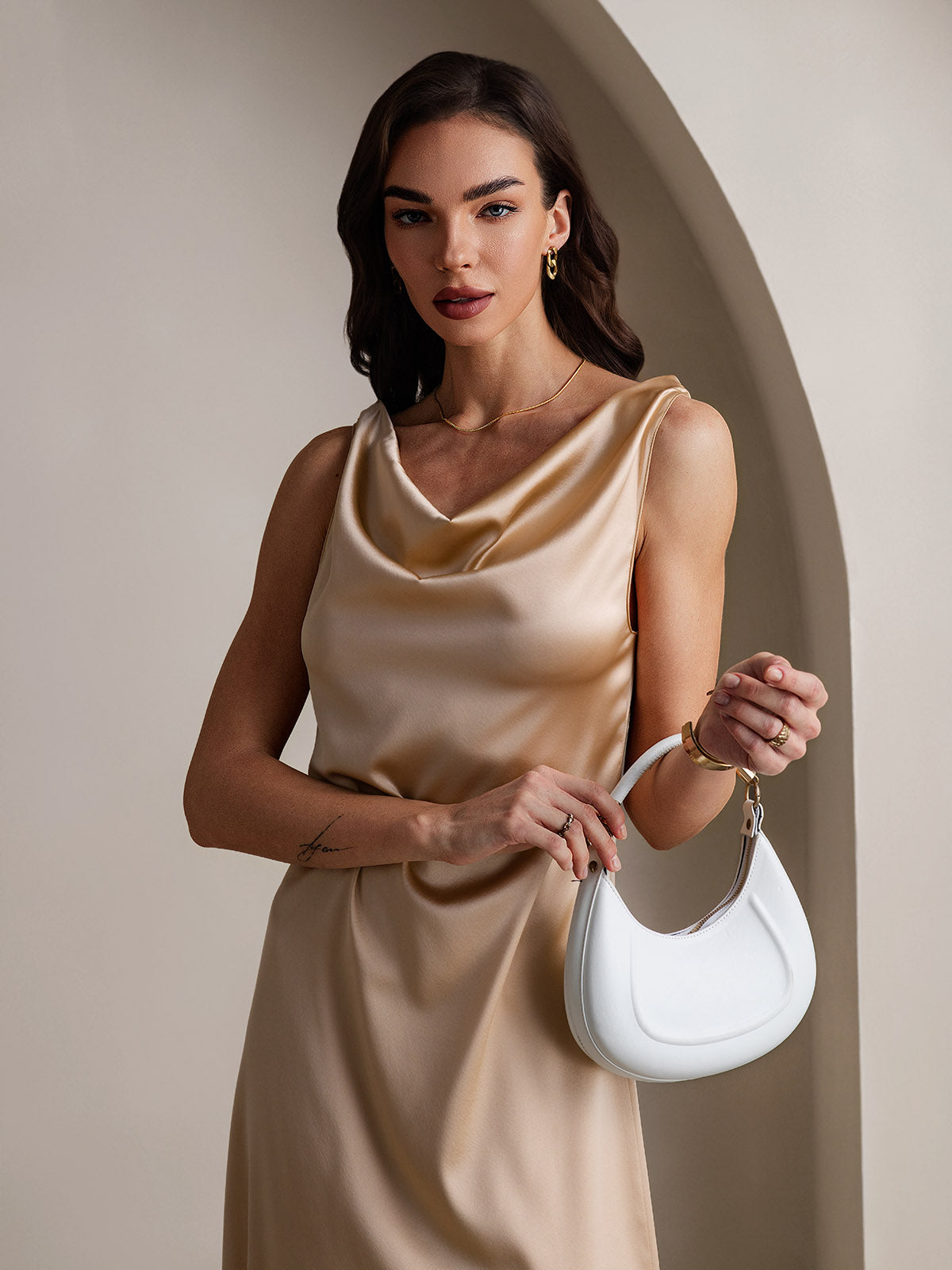 19Momme Silk Sleeveless Cowl Neck Knee Dress
