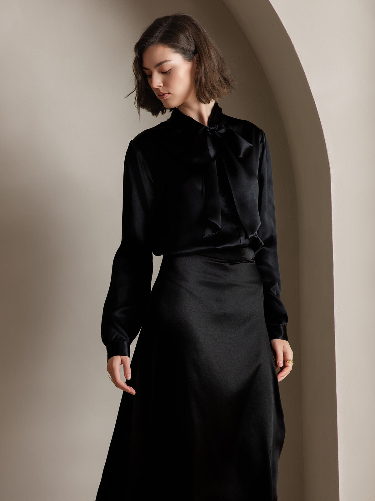 19Momme Silk Long Sleeve Tie Neck Blouse