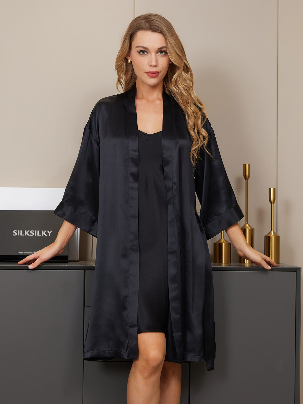 Pure Silk Kimono Dressing Gown & V‑Neck Nightdress Set