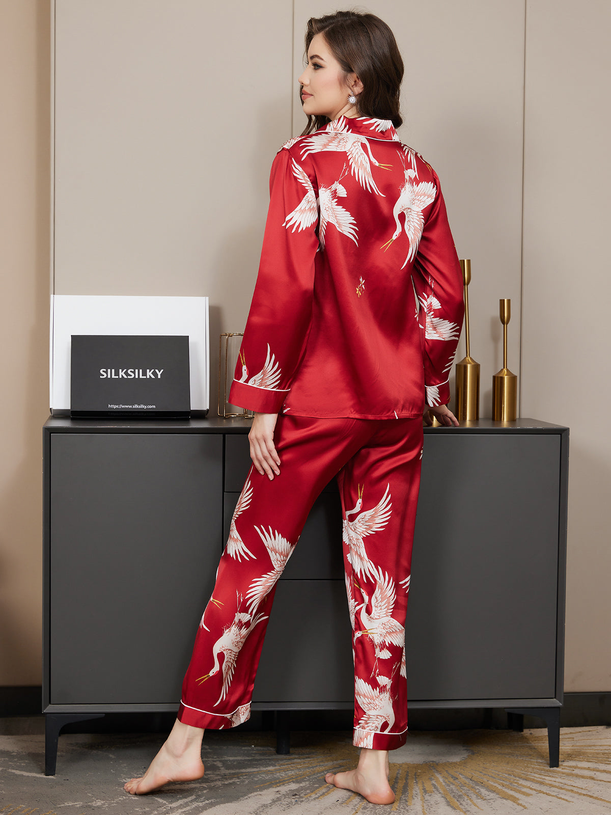19Momme Pure Silk Crane Print Women's Long Sleeve Notch Collar Pyjamas Set