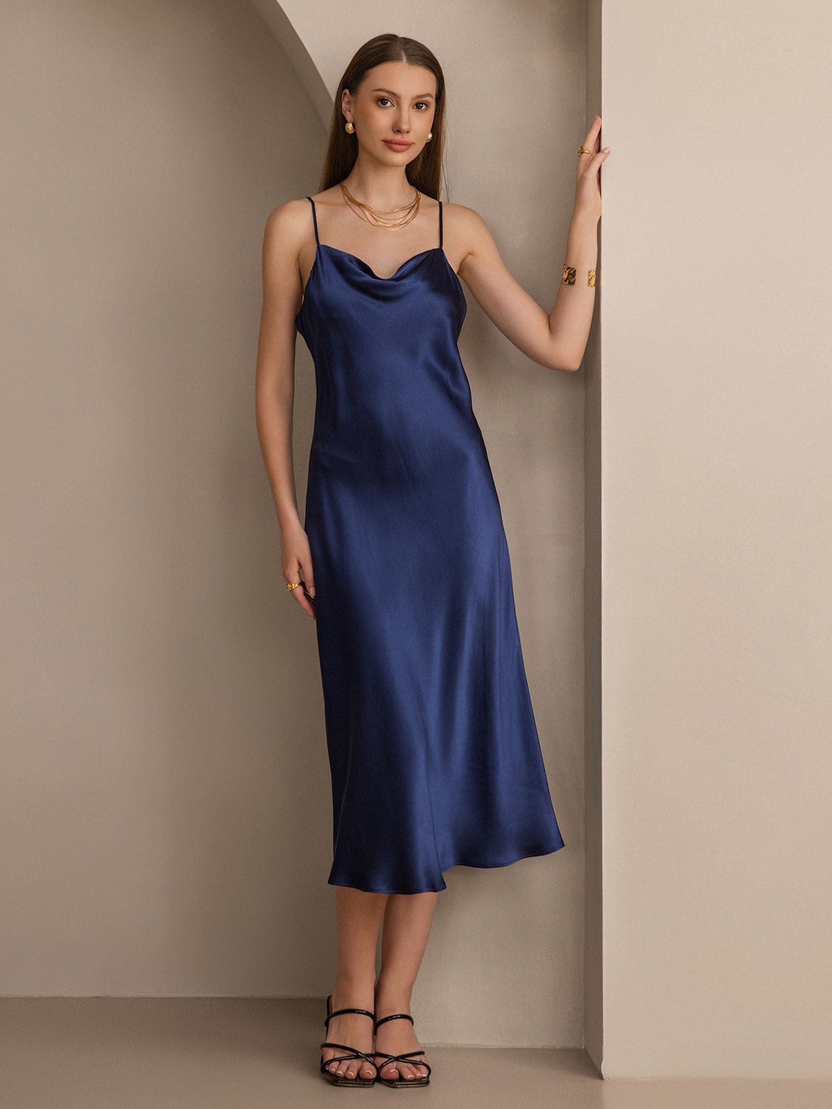 Pure Silk Cowl Neck Midi Dress