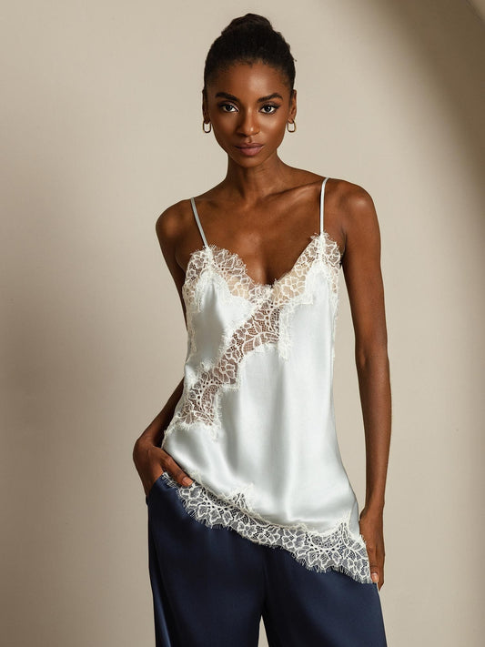 Pure Silk Spaghetti Straps Lace Camisole Top with Asymmetrical Hem