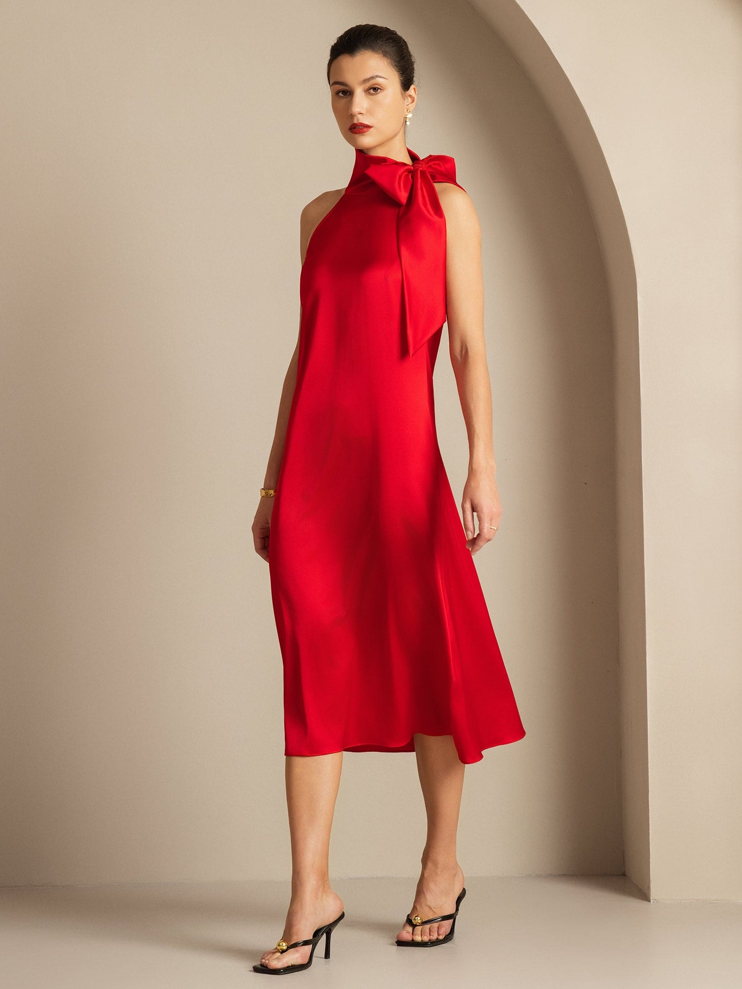 19Momme Silk Sleeveless Tie Neck Midi Dress