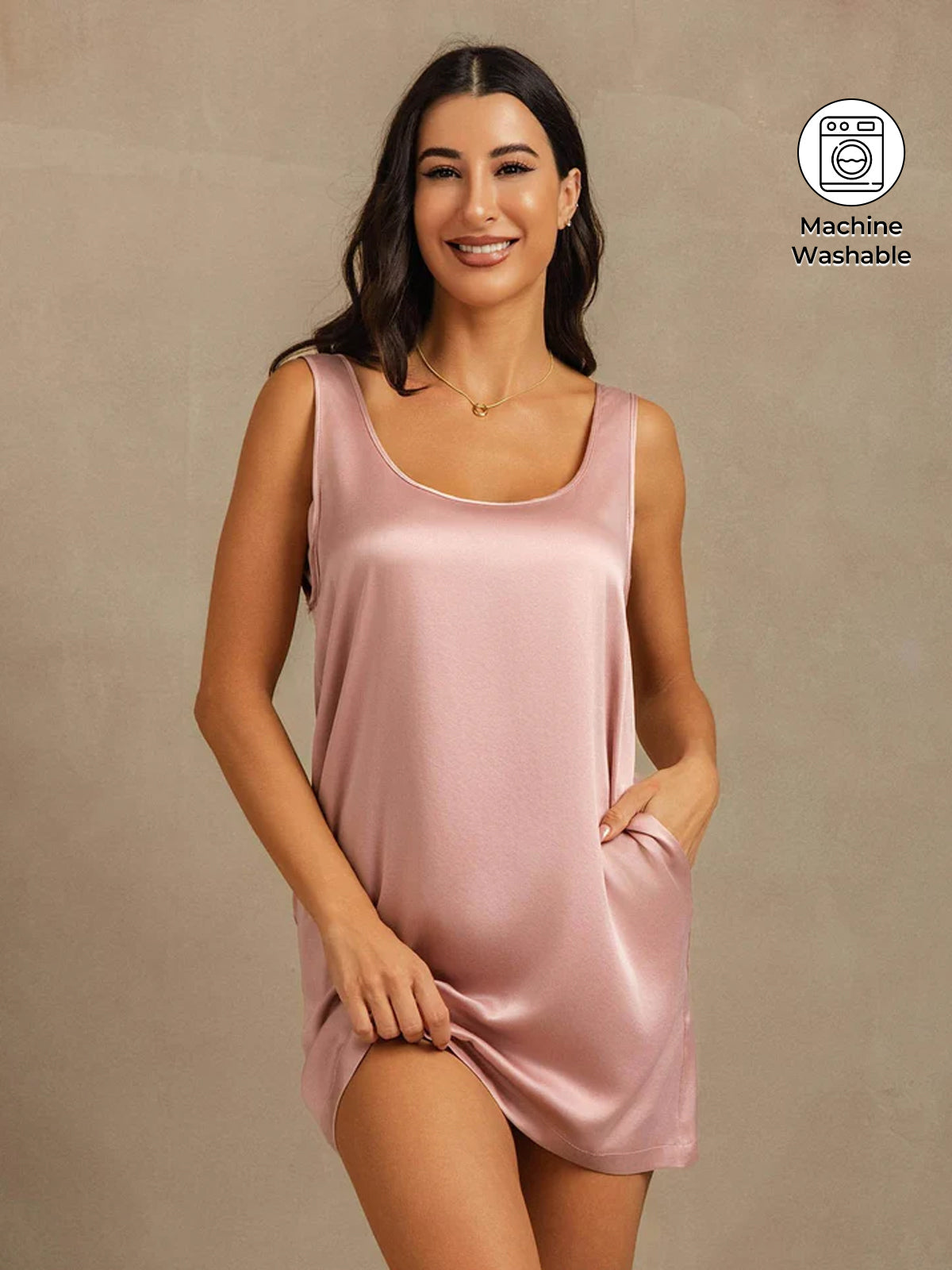 19Momme Washable Silk Sleeveless U Neck Short Nightdress with Side Pocket Design