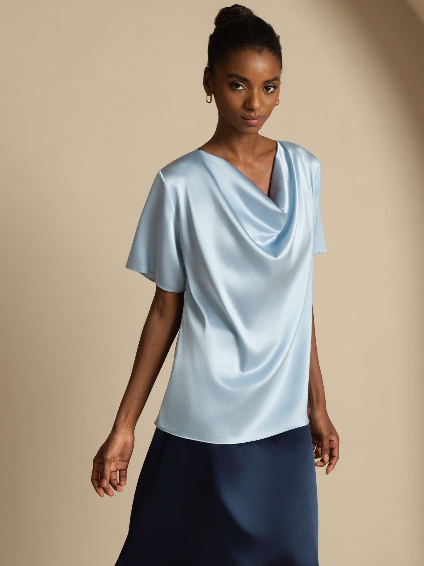 19Momme Women's Silk Short Sleeve Cowl Neck T-Shirt