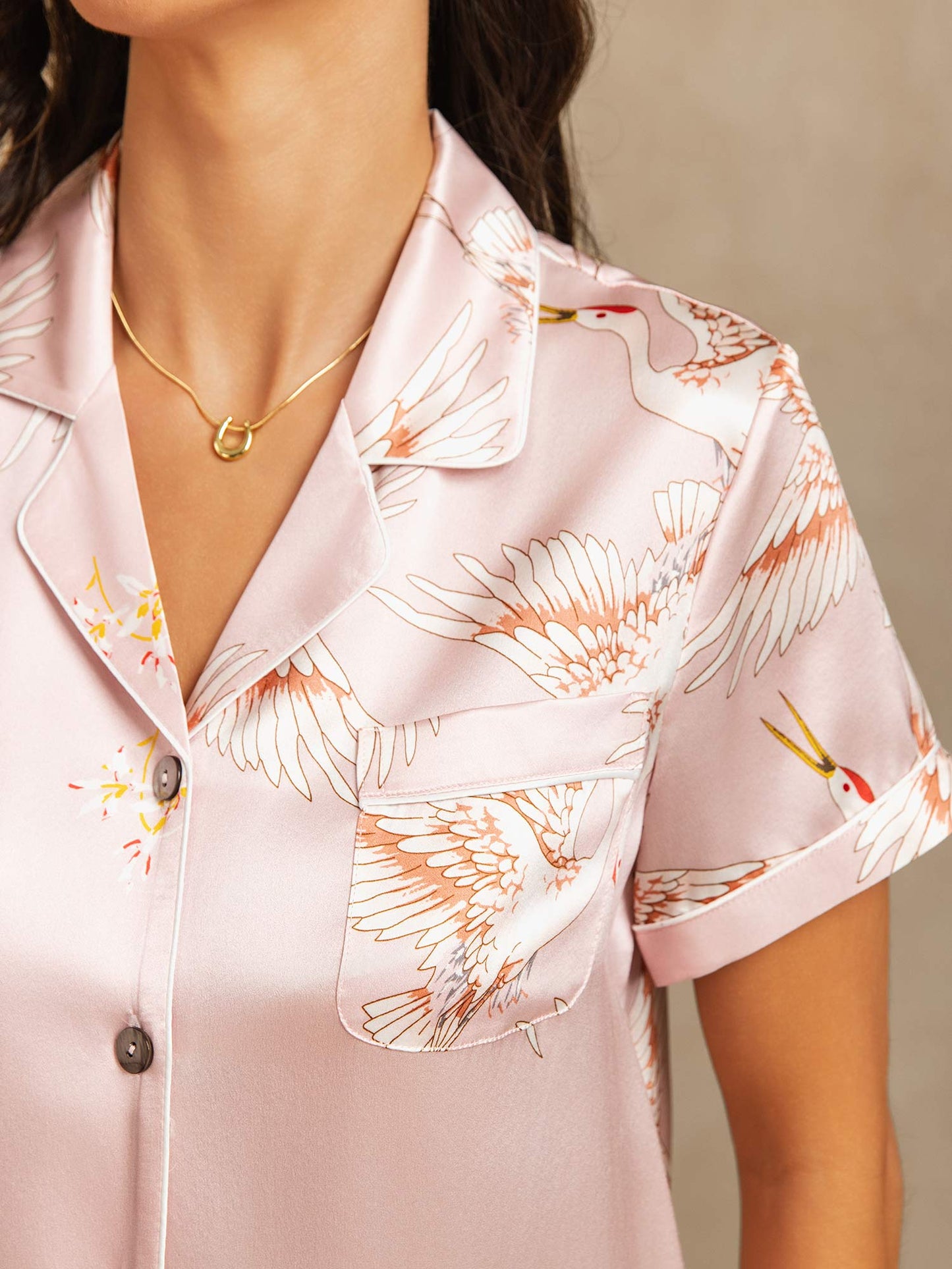 19Momme Women's Pure Silk Crane Print Short Sleeve Notch Collar Pyjamas Set
