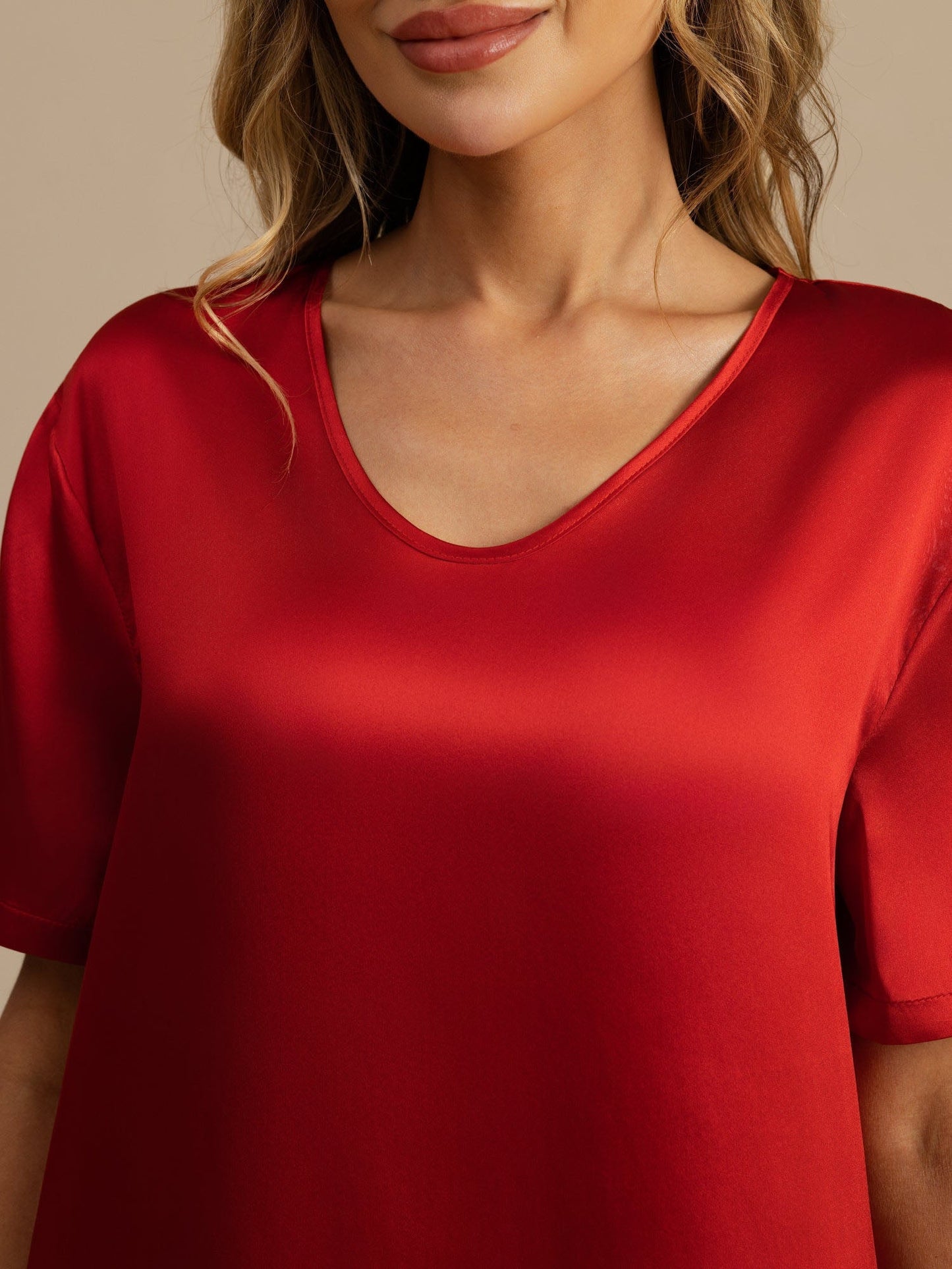 Pure Silk Half Sleeve V-neck Short Nightdress with Split Design