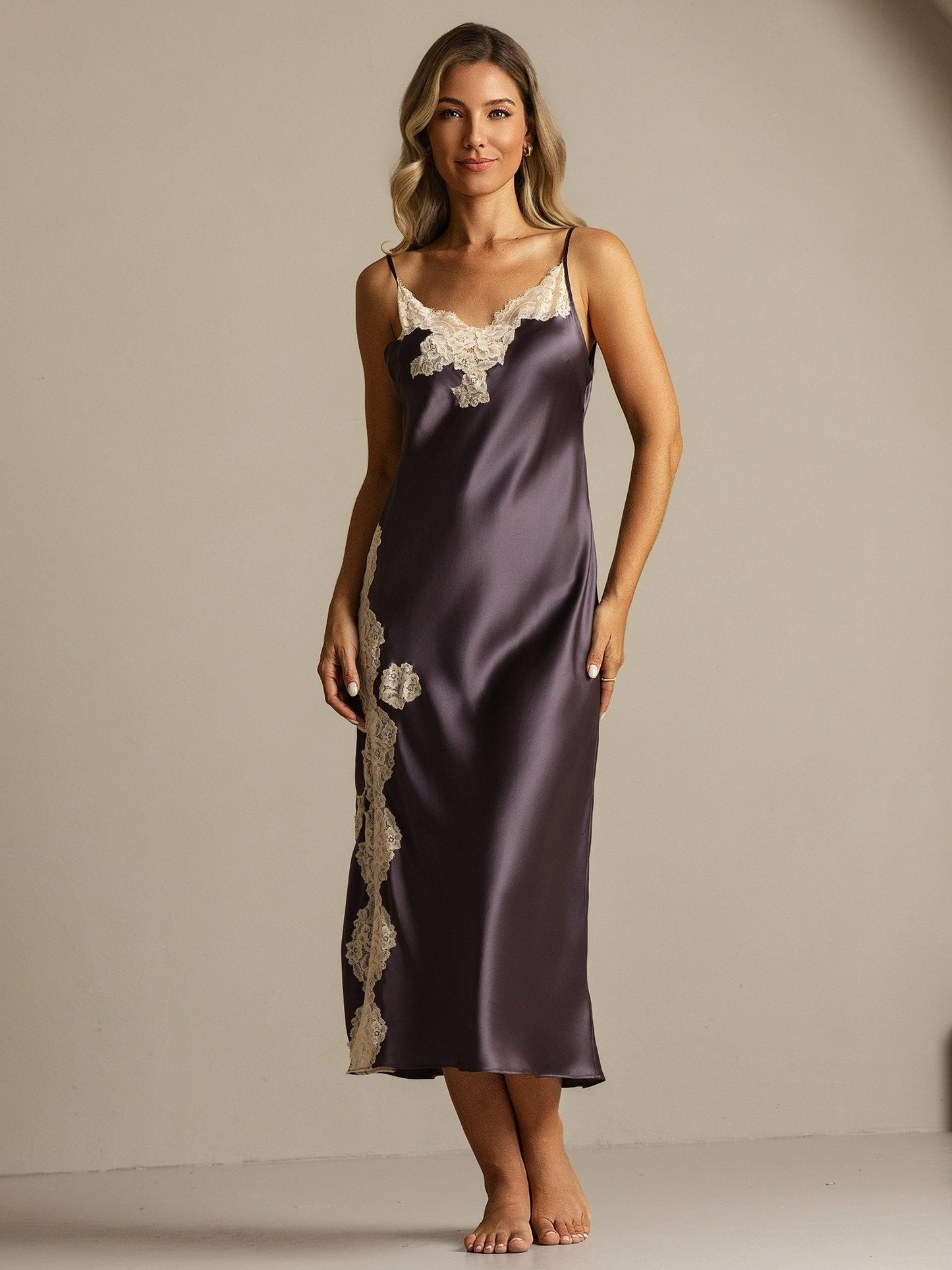 Pure Silk Spaghetti Strap Long Nightgown with Lace Split Design