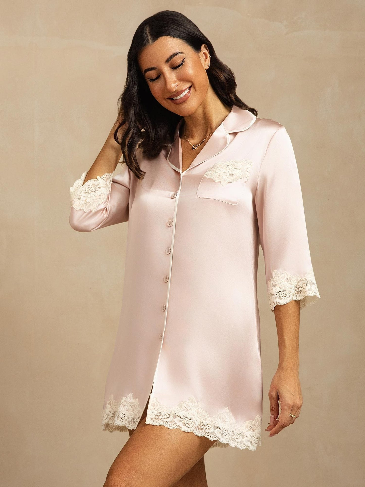 Pure Silk Button Up Nightshirt with Lace Design