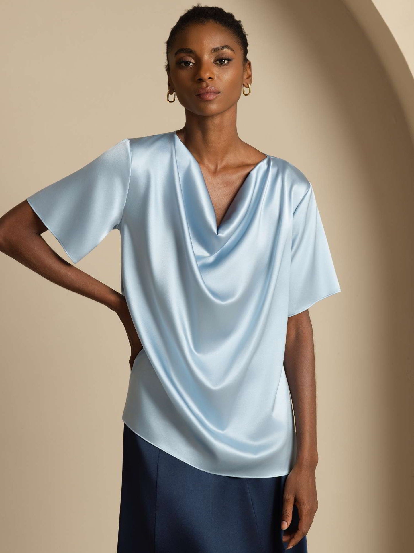 19Momme Women's Silk Short Sleeve Cowl Neck T-Shirt