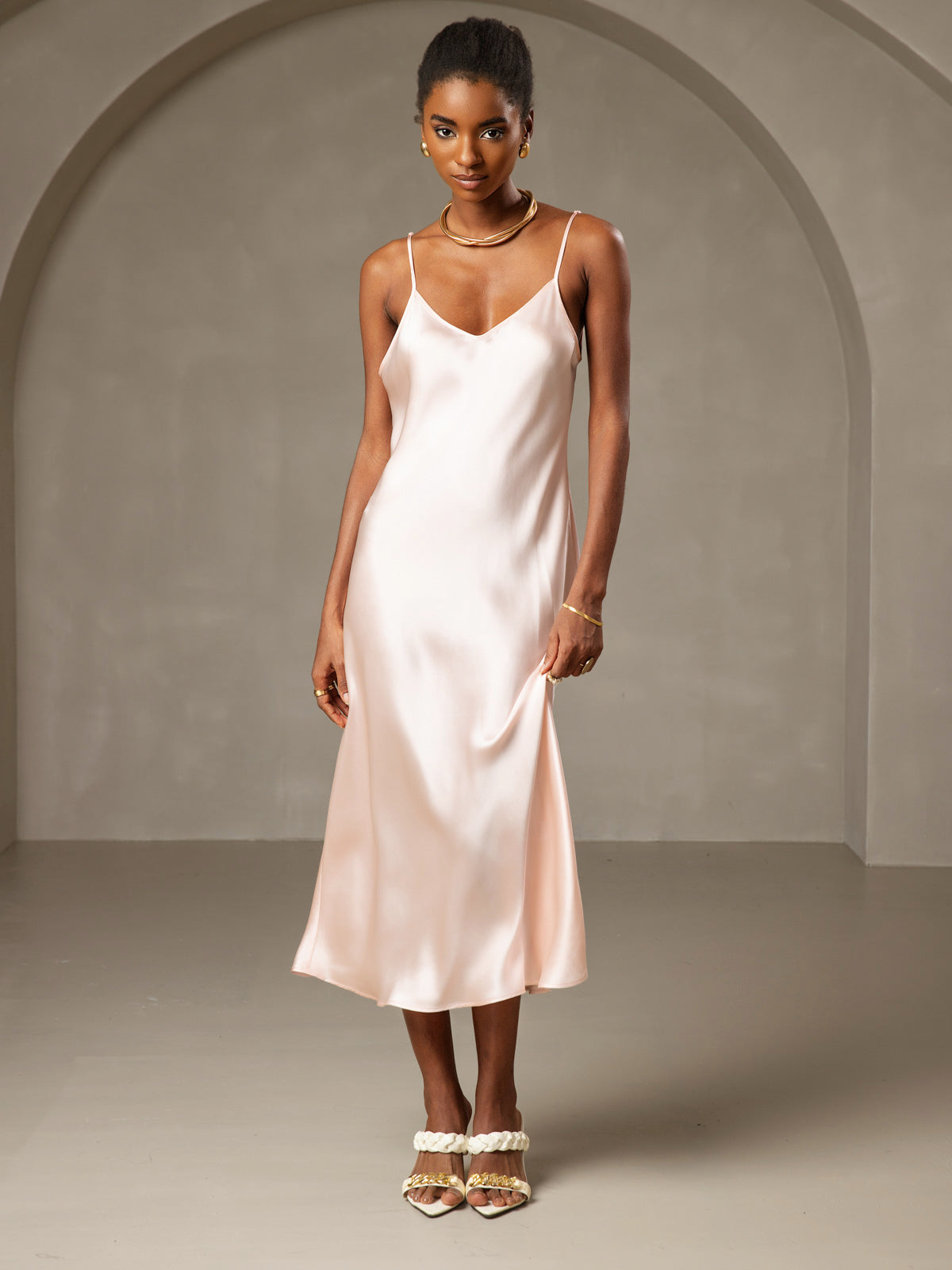 Pure Silk Spaghetti Strap Midi Dress