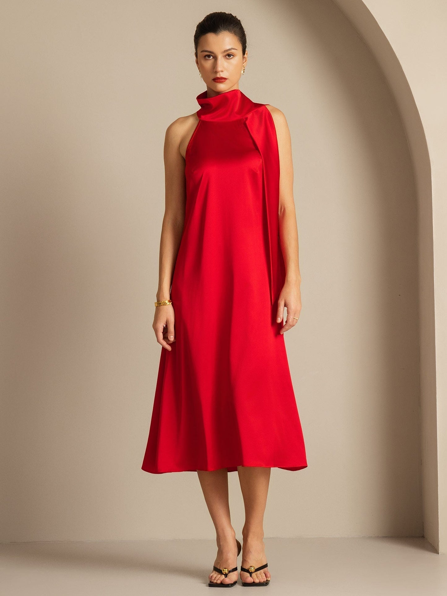 19Momme Silk Sleeveless Tie Neck Midi Dress