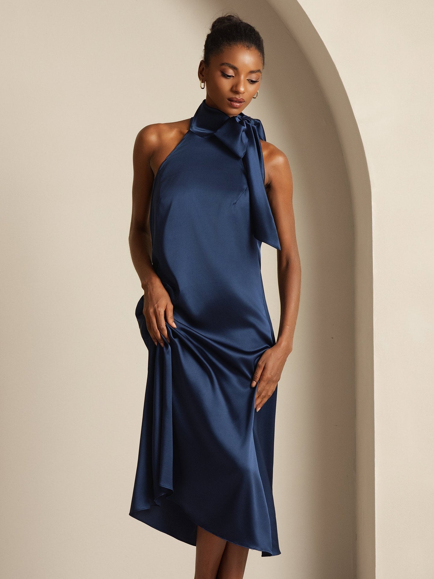 19Momme Silk Sleeveless Tie Neck Midi Dress
