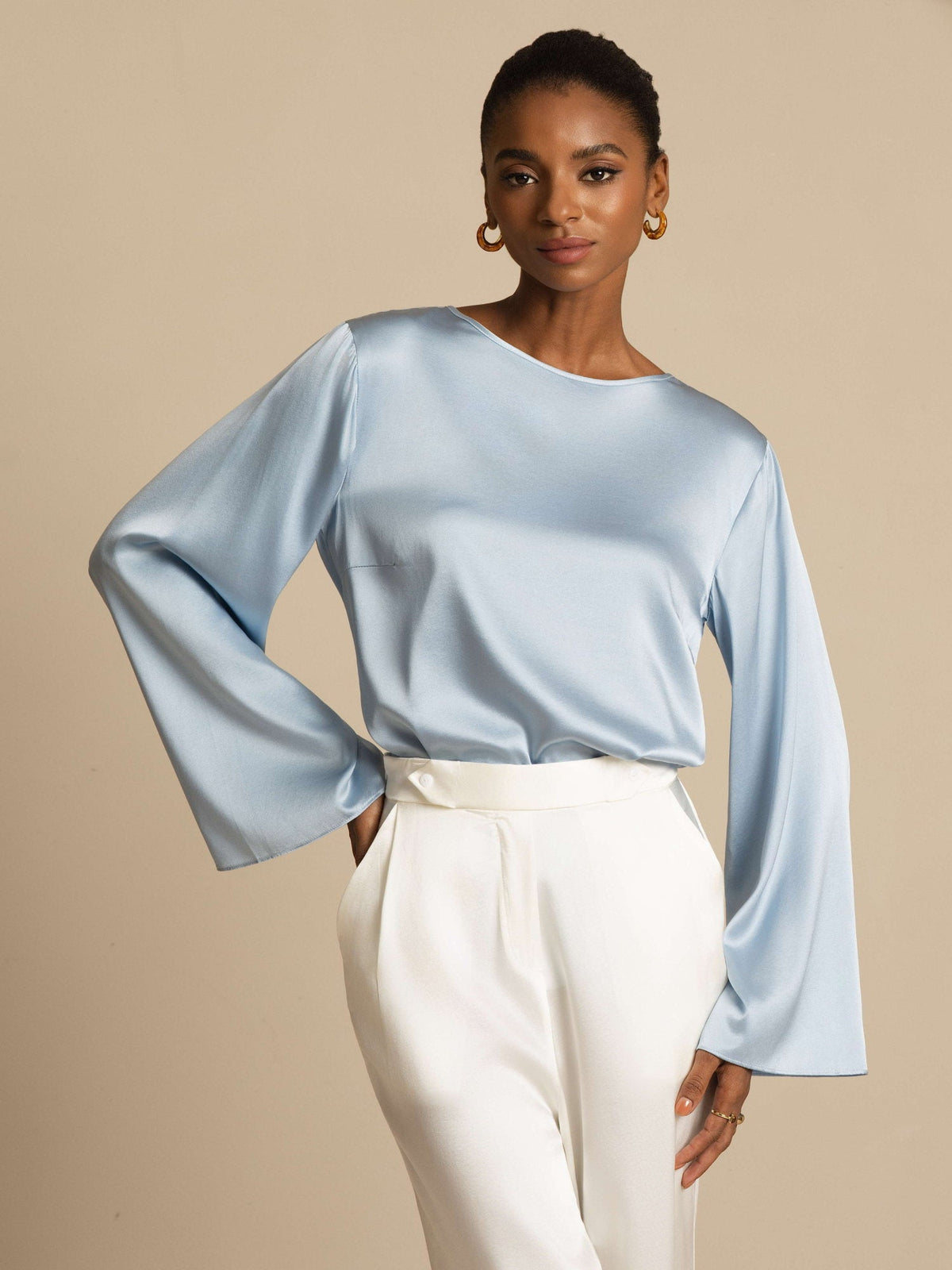 19Momme Silk Bell Sleeve Boat Neck Women's Top
