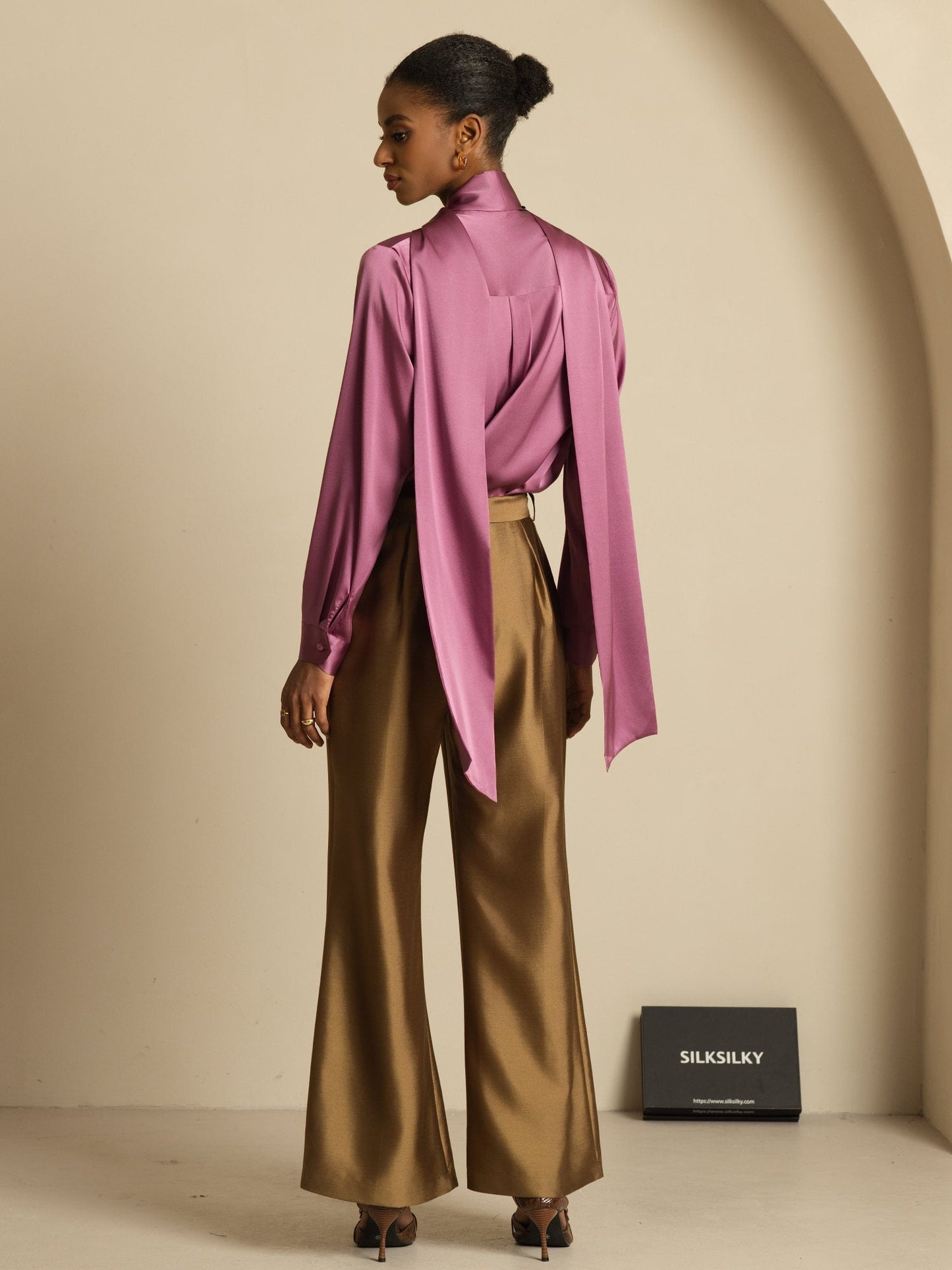19Momme Silk Long Sleeve High Neck Bow Tie Blouse